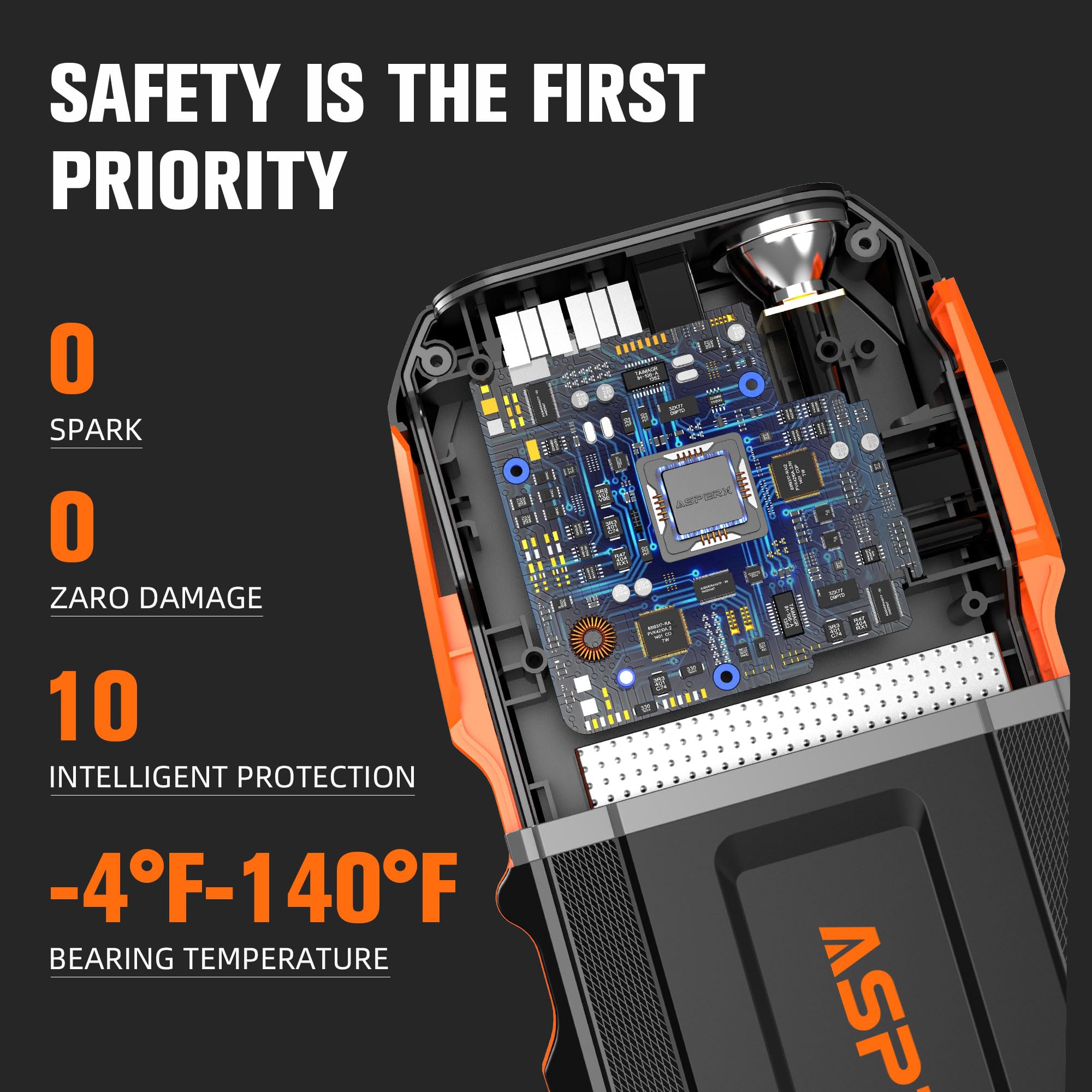 AsperX 3000A Portable Jump Starter for 12V Car Battery, LED Light, Smart Cables, Model AX3150, Orange