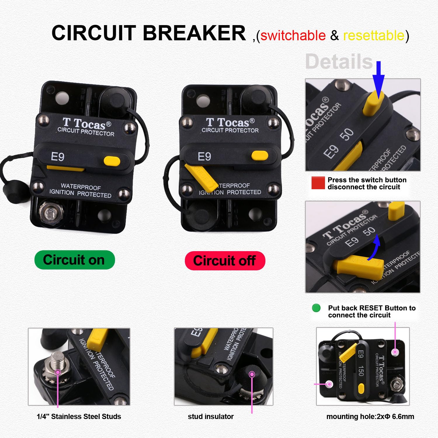 T Tocas 70A Surface-Mount Circuit Breaker With Manual Reset For Trolling Motor Boat Marine Car Audio Battery Solar System Ip67 7