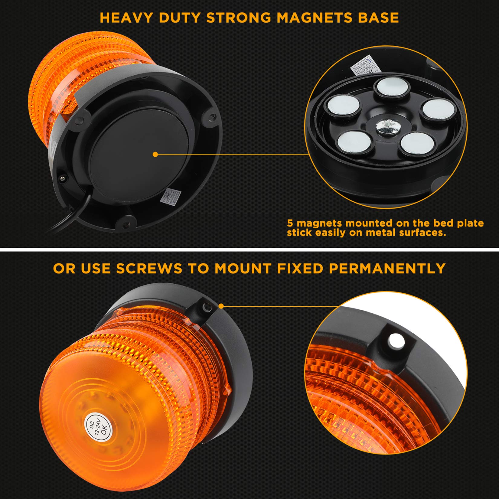 Aspl 2Pcs Led Warning Flash Beacon Lights, 60 Led Amber Warning Safety Flashing Strobe Lights With Magnetic And 16 Ft Straight C