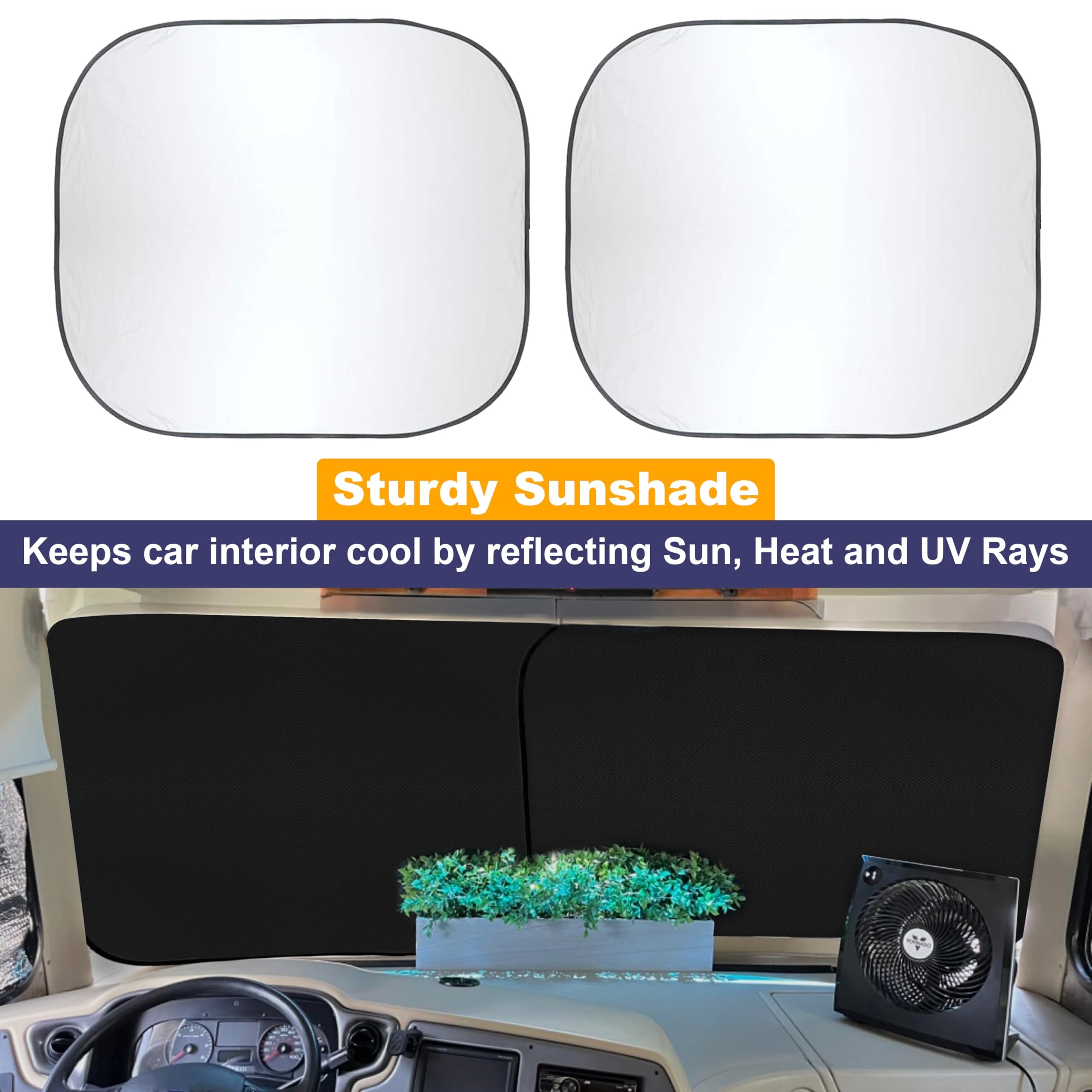 EcoNour 2-Piece Foldable RV Windshield Sunshade | Reflective 230T Nylon | XXL (41.5" x 50") | Silver-Black
