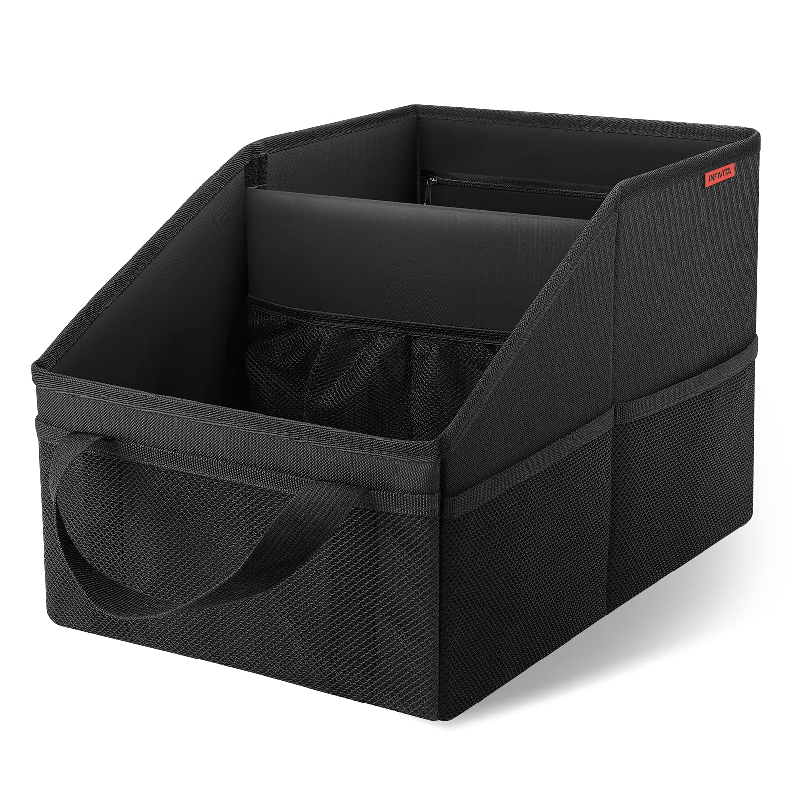 Infivita Car Organizer - Automotive Organizer For Front And Back Seat Or Floor, Car Caddy Organizer With Divide, Handles And Multiple Mesh Pockets
