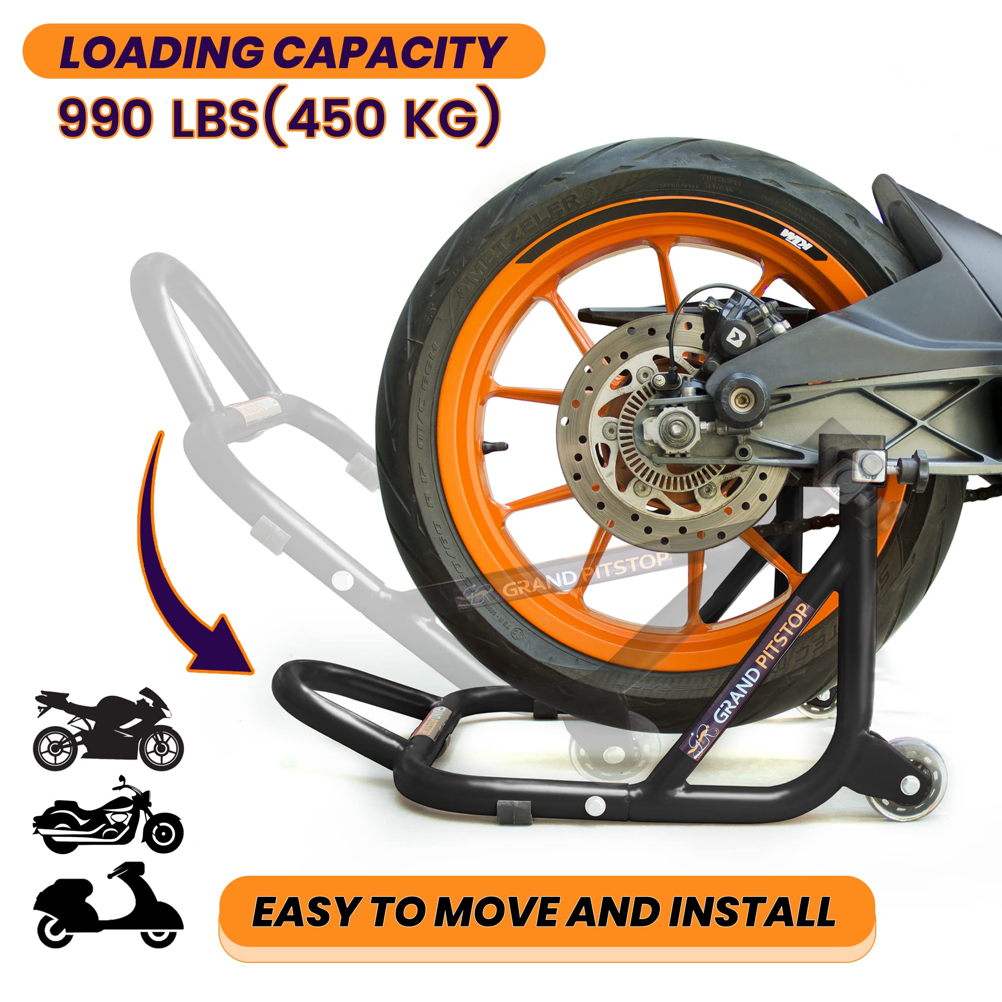 GRAND PITSTOP Motorcycle Stand - Paddock Lift for Rear Wheel - 529 lbs Capacity - Dismantable Black - Model PSD01