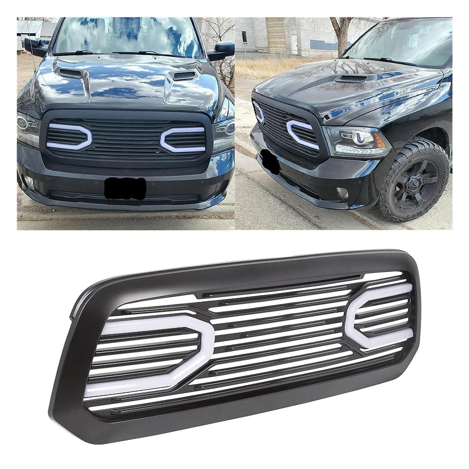 ECOTRIC Front Grill Compatible With 2013-2018 Dodge RAM 1500 (Black W/Light) Big Horn Bumper Grille Replacement Shell