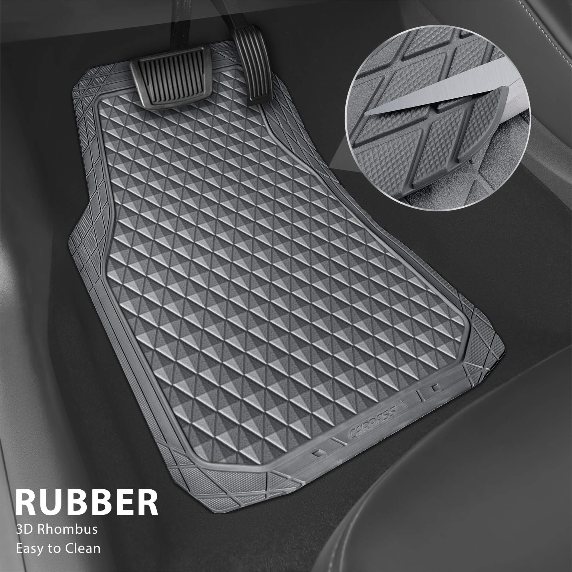 CAR PASS Gray Rubber Car Mats, All-Weather Floor Mats Full Set Durable Anti-Slip 3D Rhombus Waterproof Automotive Pad Trim to Fi