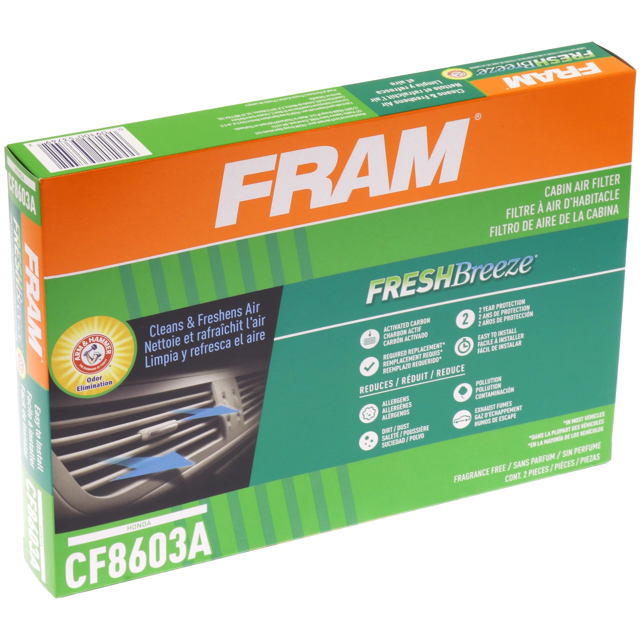 Fram Fresh Breeze Cabin Air Filter Replacement For Car Passenger Compartment W/Arm And Hammer Baking Soda, Easy Install, Cf8603A For Select Honda Vehicles White 2 Count (Pack Of 1)
