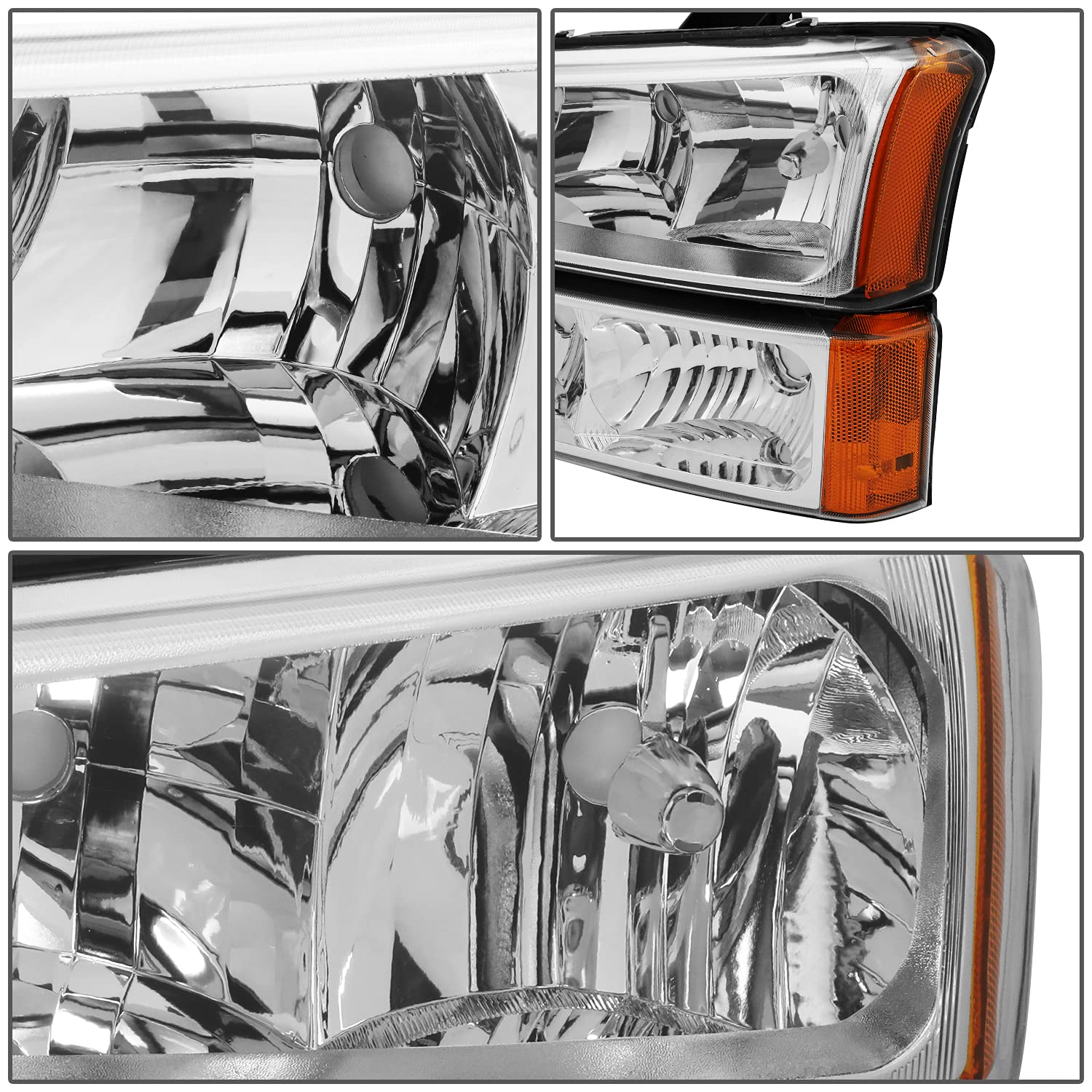 Dna Motoring Hl-Oh-Cs03-4P-Ch-Am Chrome Amber Headlights Compatible With 2003-2006 Chevy Silverado/Avalanche Fit Models Without