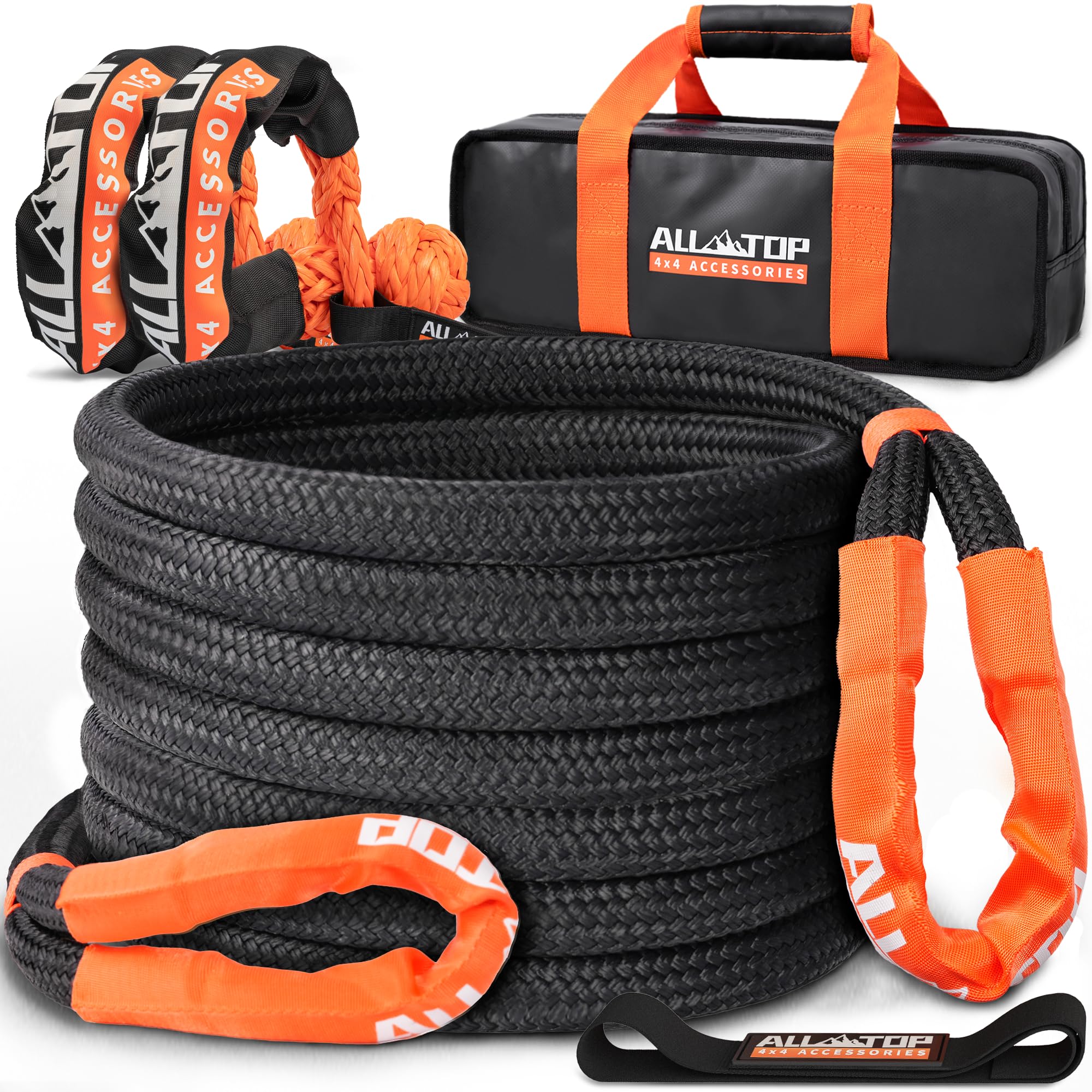 All-Top Kinetic Recovery Rope Kit W/ 2 Soft Shackles, 48000Lbs, 1In X 30Ft, Heavy Duty 30+% Elasticity, 16000Lbs Work Load Limit