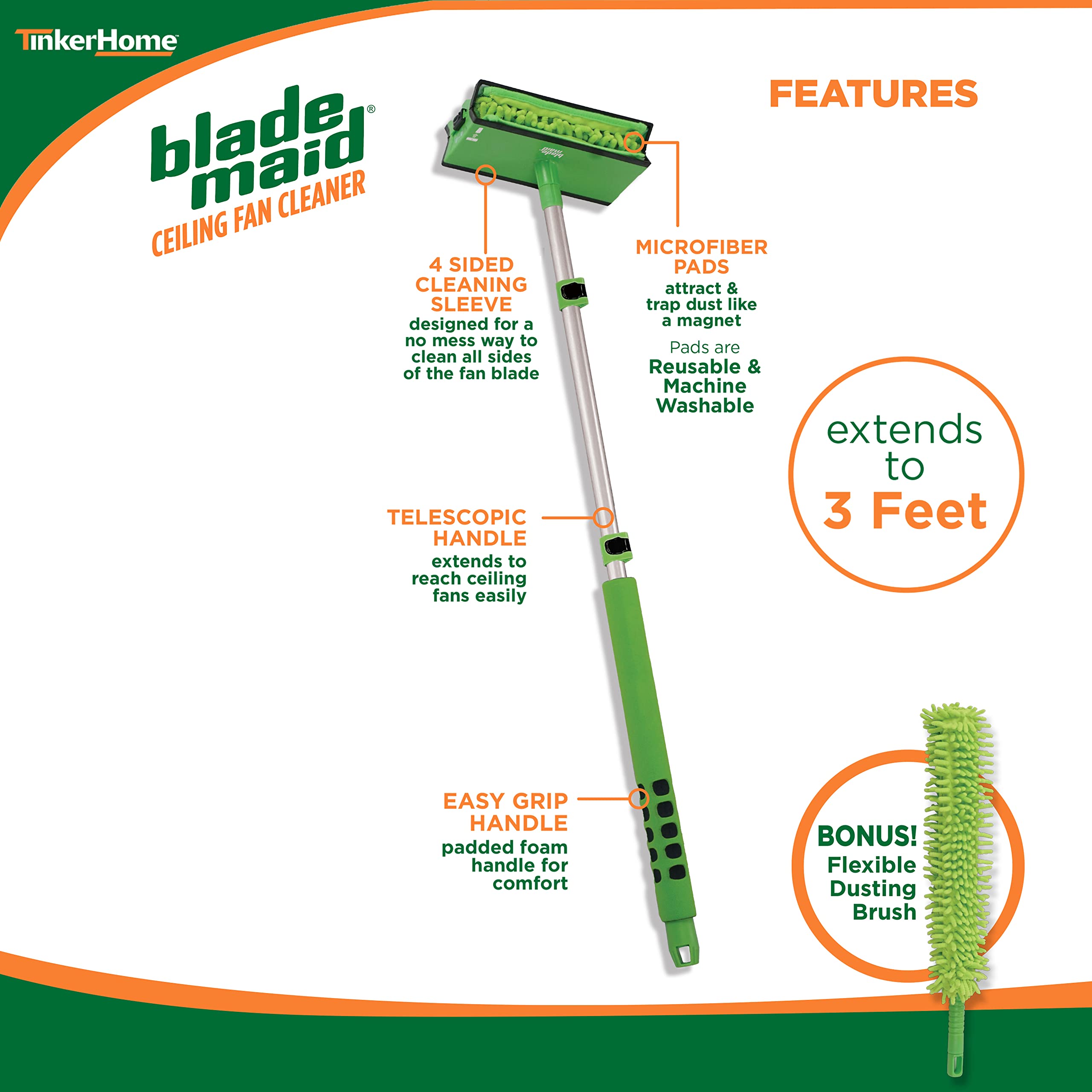 Blade Maid Ceiling Fan Cleaner - Extendable 3ft Microfiber Dusting Brush, Wall Duster, Removes Cobwebs, Reusable Pads, Kit
