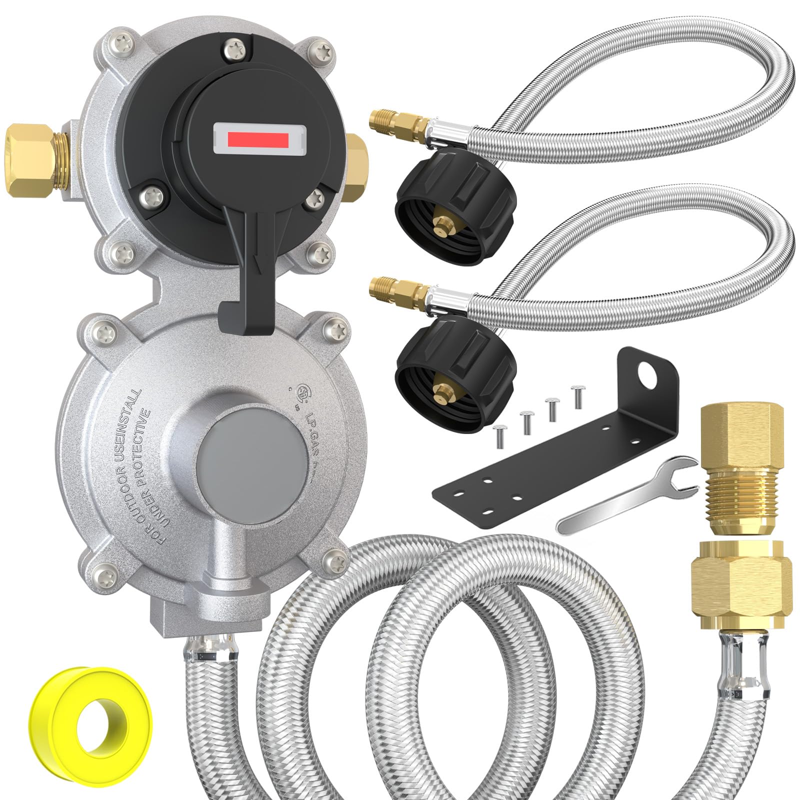 2-Stage Automatic Changeover LP Propane Gas Regulator with Two 18 RV Pigtail Propane Hoses&4ft Outlet Propane hose,Braided QCC