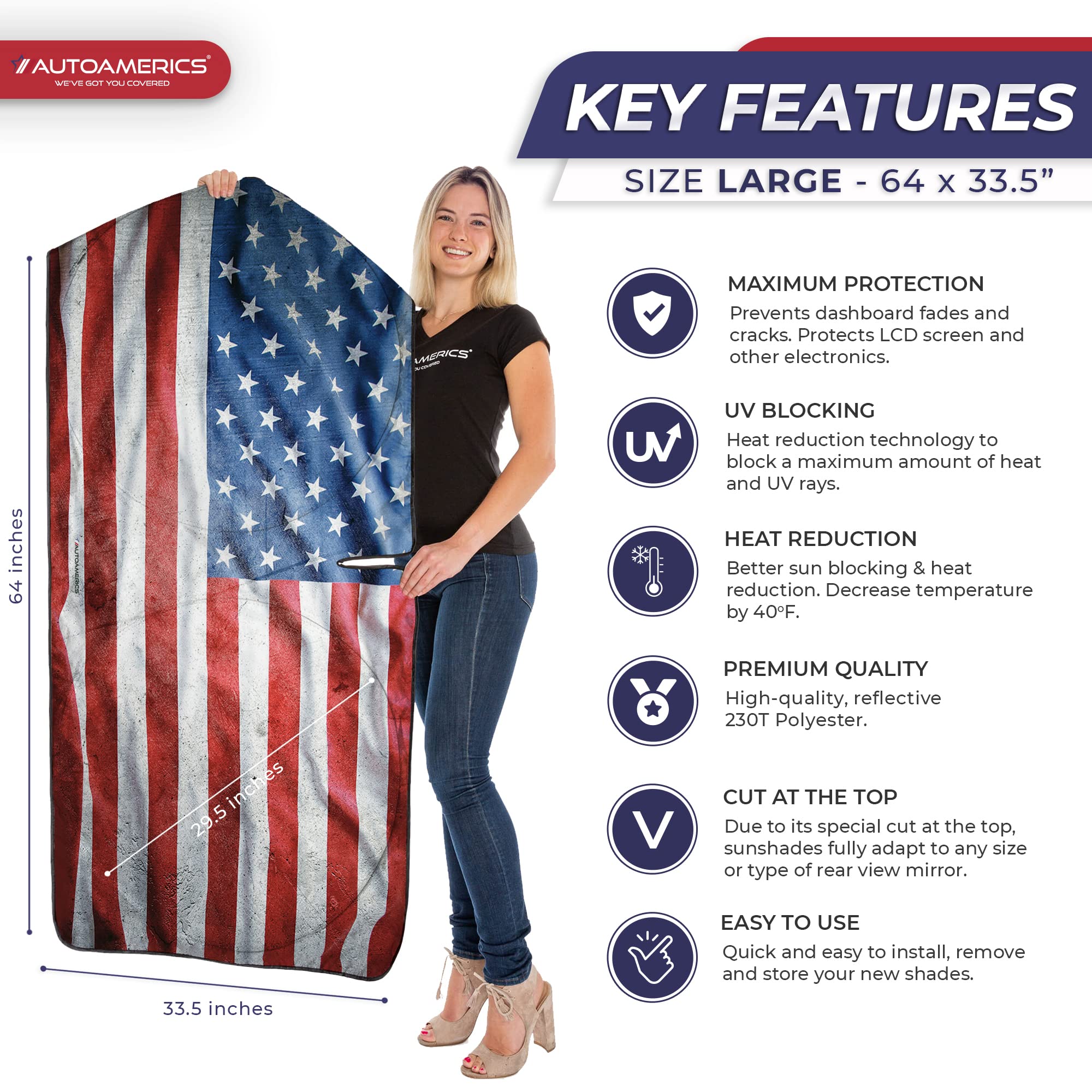 Autoamerics 1-Piece Windshield Sun Shade Grunge American Flag - 3 Usa Design - Foldable Car Front Window Sunshade For Most Sedan