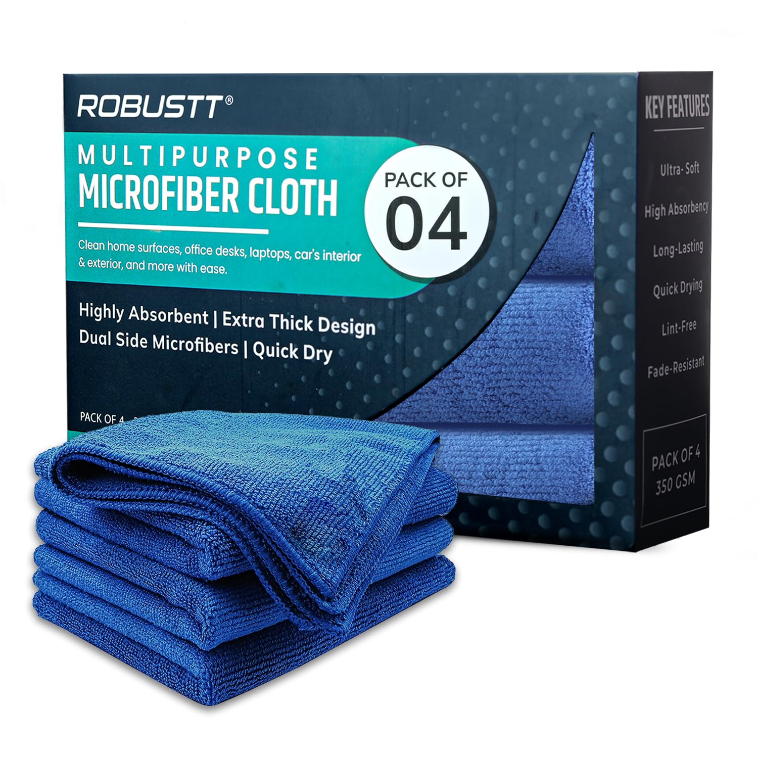 Robustt Microfiber Cloth (Blue, Pack of 4) 40x40 cms  350 GSM Thick Lint & StreakFree Multipurpose Cloth  Automotive Microfib
