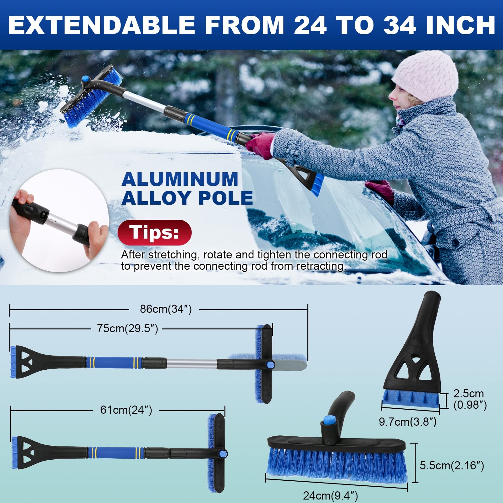 34 Extendable Ice Scrapers For Car Windshield 2-In-1 Snow Brush For Car Snow Scraper For Car Snow Scraper And Drush With Ergonomic Foam Grip For Cars, Trucks, Suvs With 360° Pivoting Brush Head