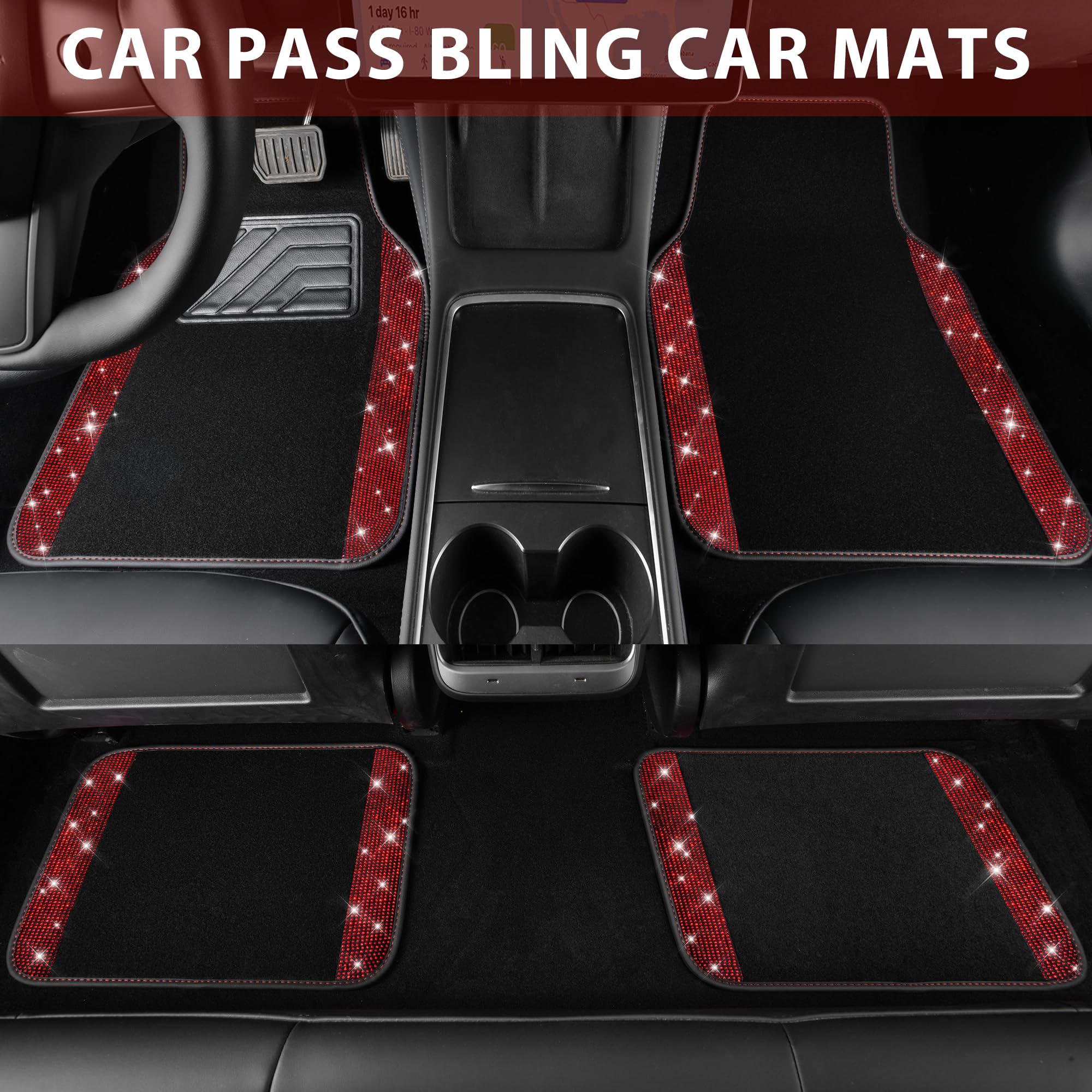Car Pass Shining Rhinestones Carpet, Bling Crystal Diamond Sparkly Glitter Car Floor Mat, Anti-Slip Pvc Heel Pad Waterproof Auto