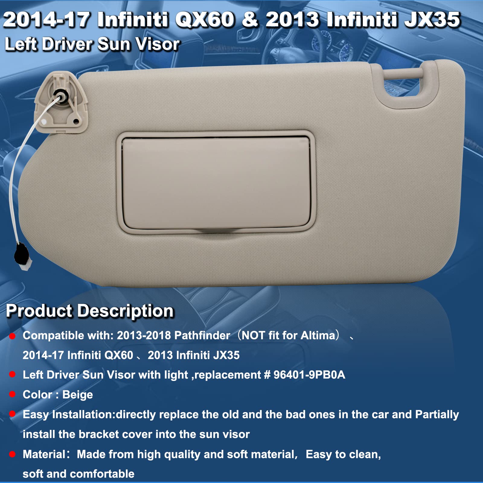 Nhiles Left Driver Sun Visor With Lamp & Mirror For 2013-2020 Nissan Pathfinder 2014-2020 Infiniti Qx60 And 2013 Infiniti Jx35,O