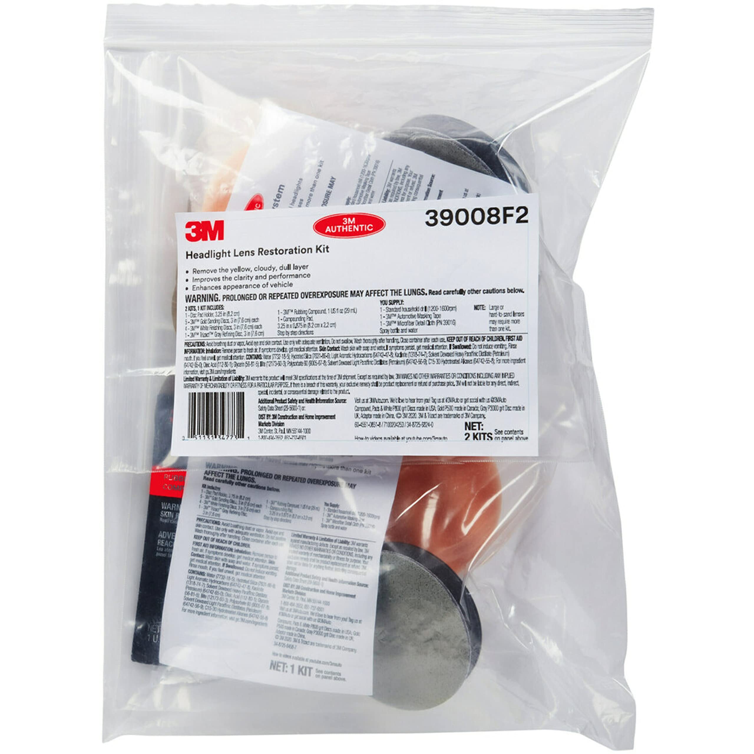 3M Headlight Restoration Kit - Heavy Duty 2-Pack for Car Headlight Cleaning - Model 39008F2, Drill Required