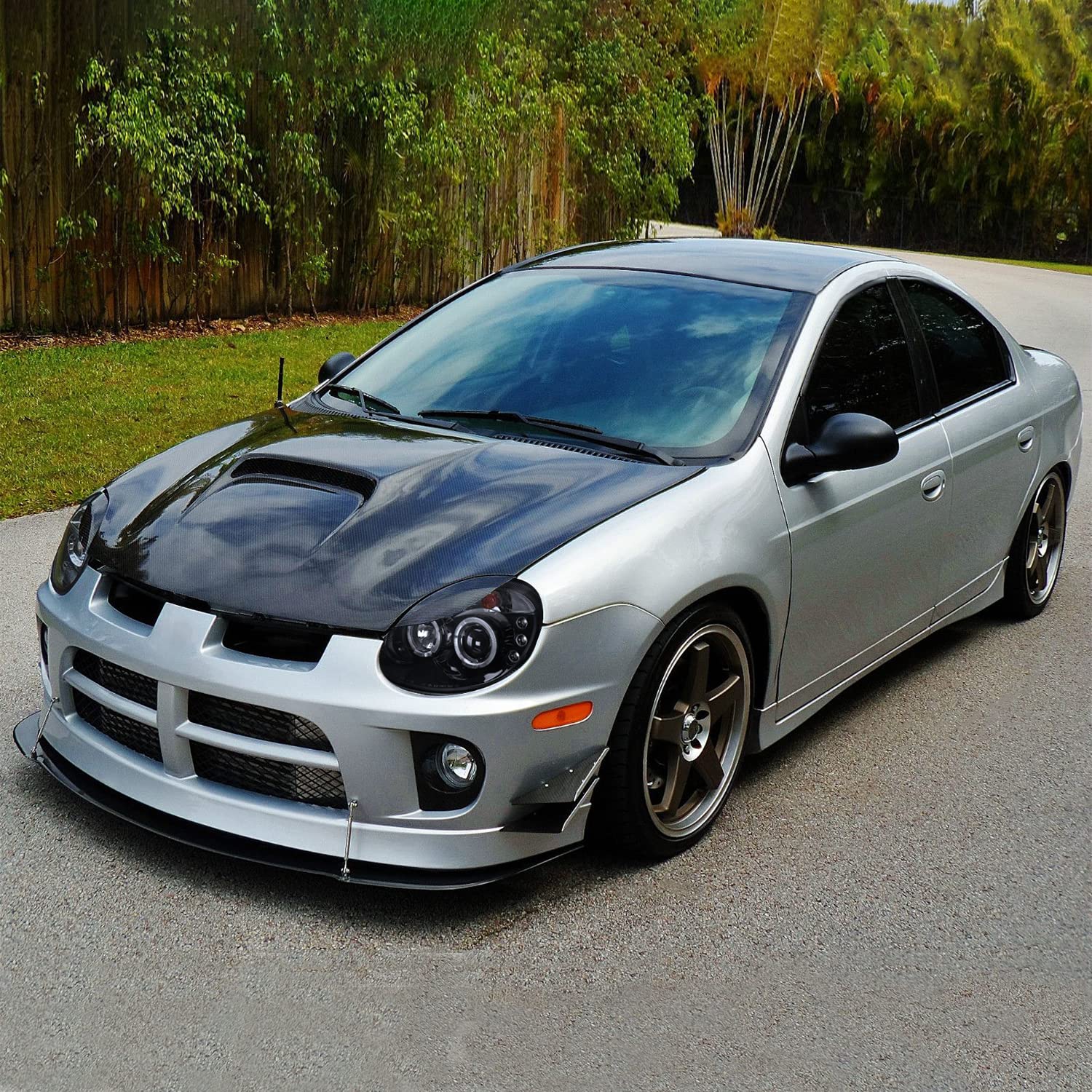 Spec-D Tuning LED Dual Halo Projector Smoked Lens Headlights Glossy Black Housing Compatible with 2003-2005 Dodge Neon Left + Ri