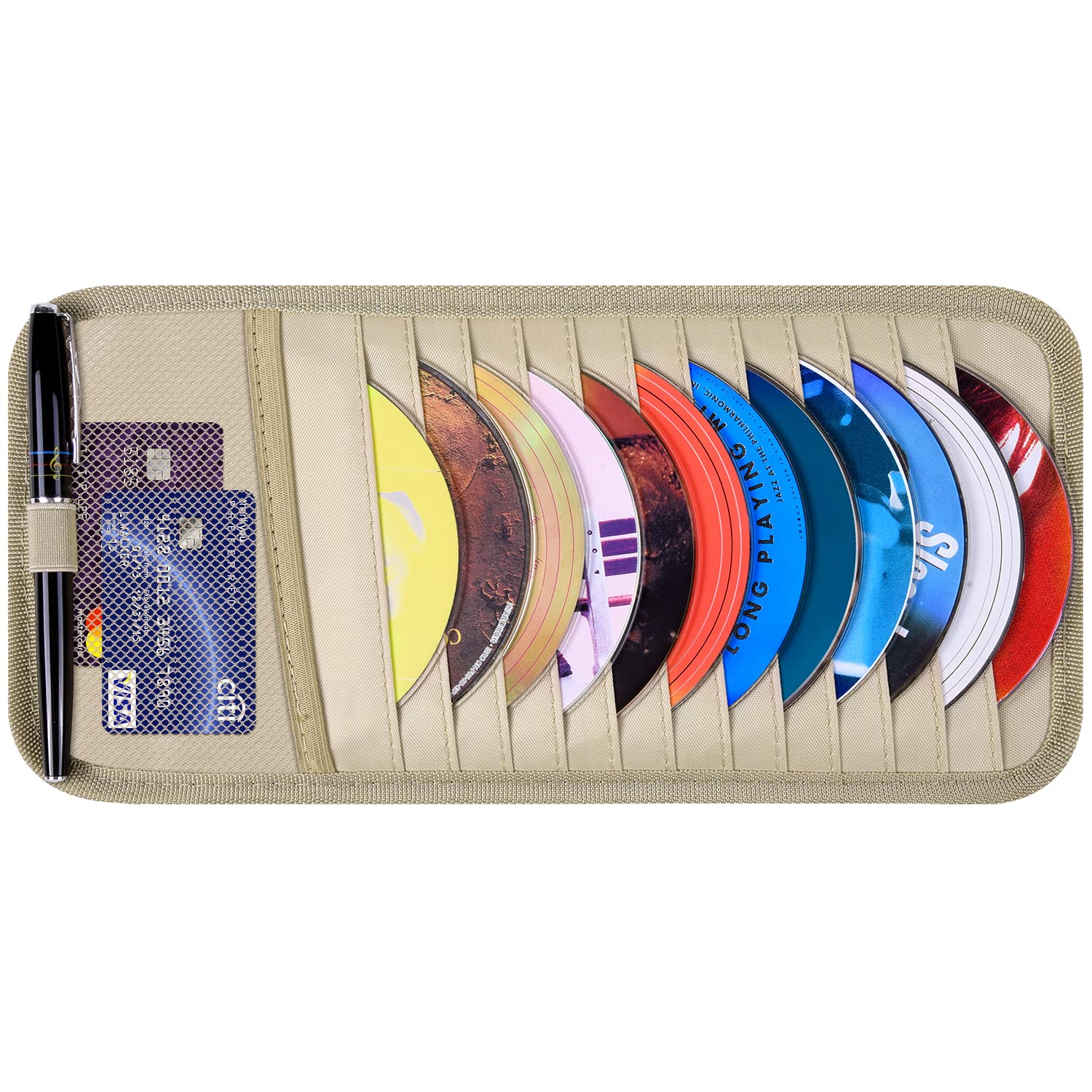 Car Cd Case Holder, Wisdompro Vehicle Sun Visor Organizer For Cars With 12 Dvd Storage Sleeves, 1 Mesh Pocket, 1 Pen Holder And