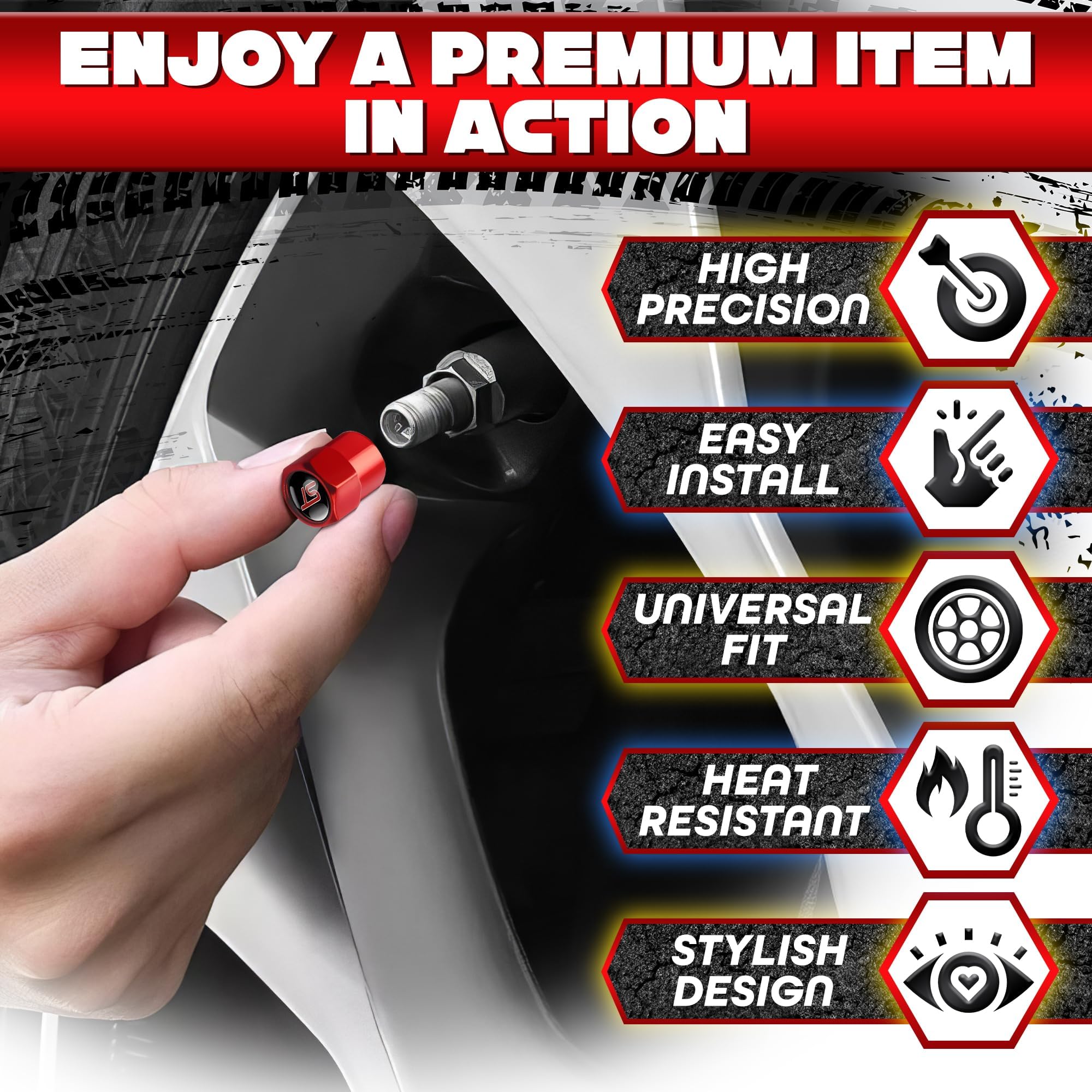 Reluen Metal Tire Valve Stem Caps - 4Pcs Red O-Rings, Fits Ford ST Models, Corrosion-Resistant, Universal Fit for Cars & Motorcycles