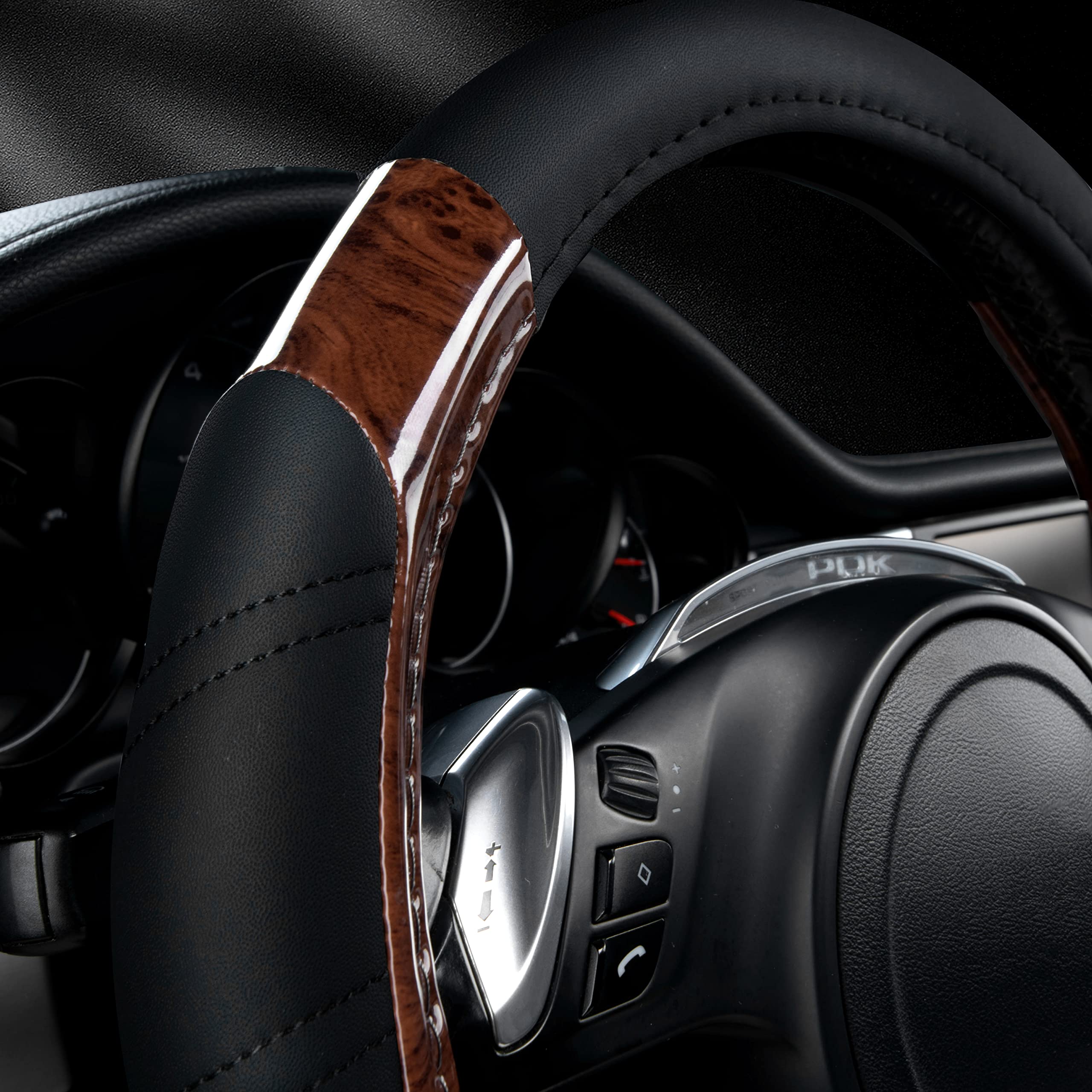 CAR PASS Wood Grain Microfiber Leather Steering Wheel Cover - Universal Fit for Trucks, SUVs, Cars - Black Wood Grain Design