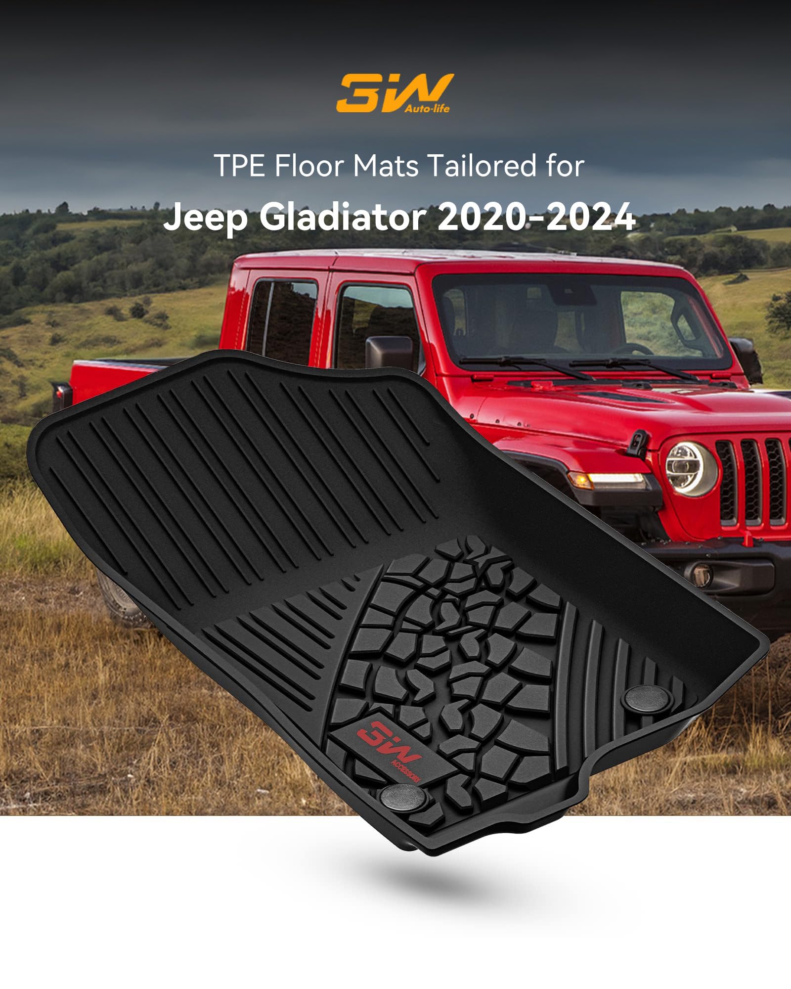 3W Floor Mats Compatible for Jeep Gladiator 2020-2024, Custom Fit TPE All Floor Liner for Weather Jeep Gladiator,1st & 2nd Row F