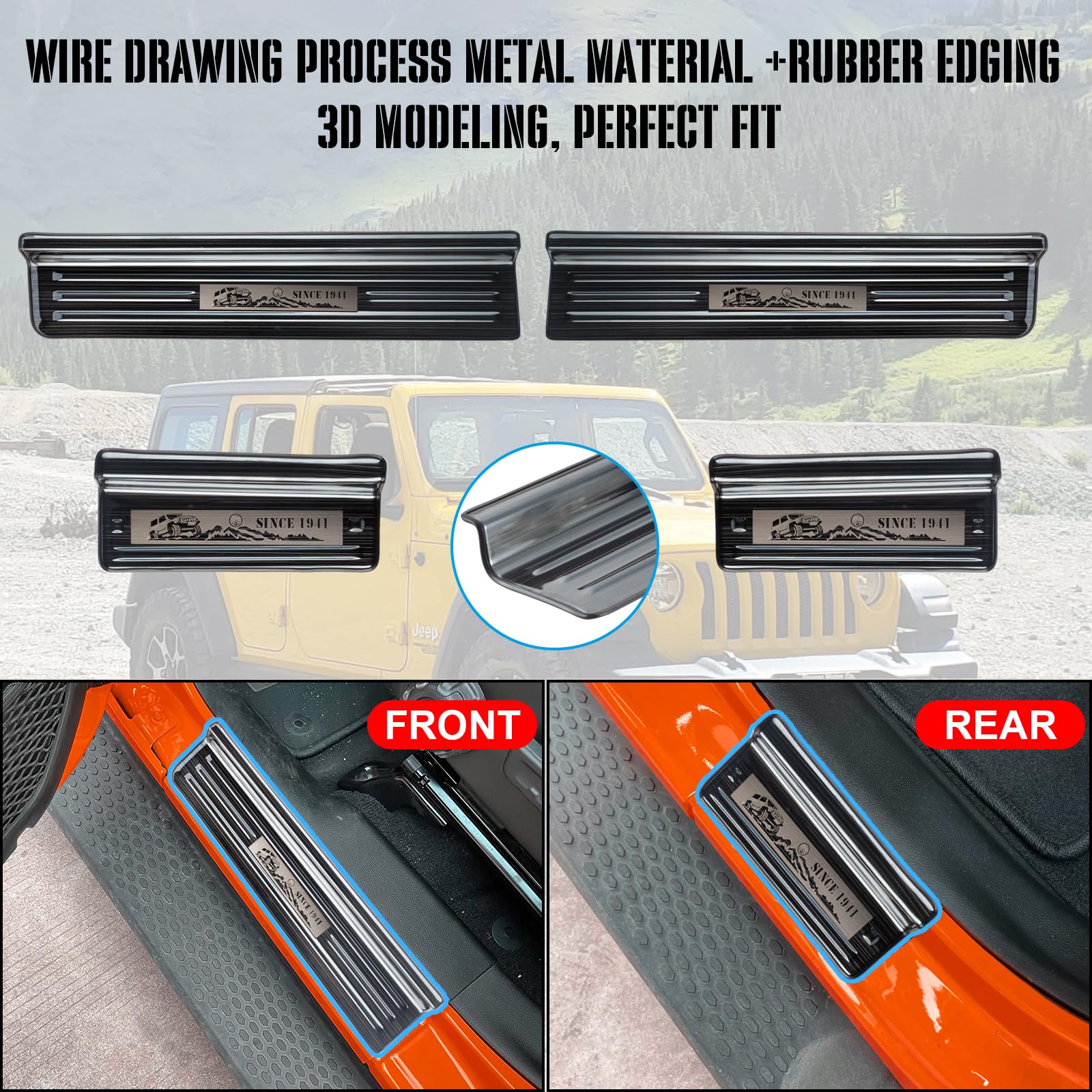 Rowa Stainless Steel Door Sill Guards for Jeep Wrangler JL/JLU & Gladiator JT, Brushed Black, Full Coverage, 4 Door
