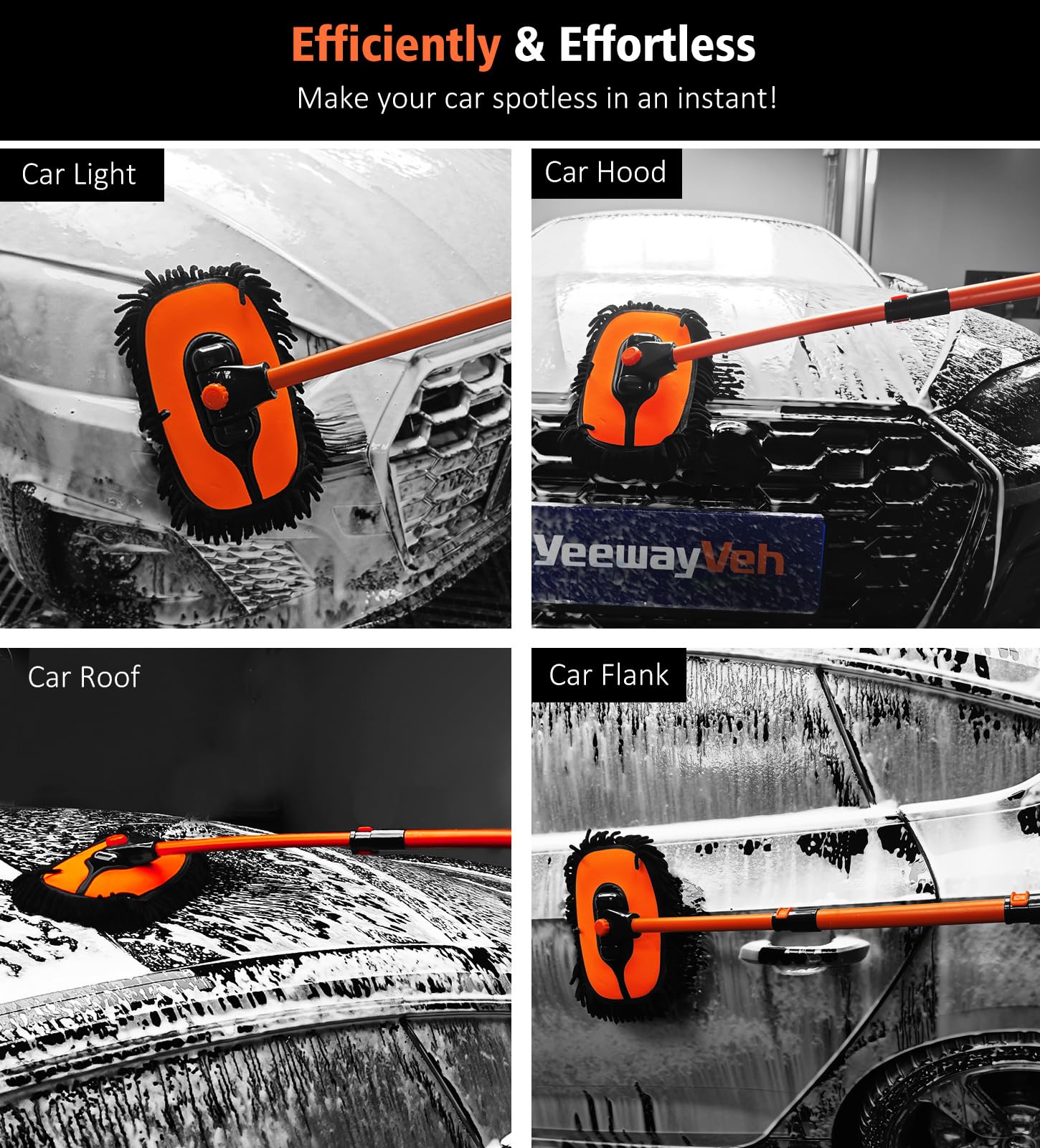 YeewayVeh Car Wash Brush Mop - 43" Extendable with 15° Curved Soft Brush, Extra Microfiber Head, 2 Pieces, Orange