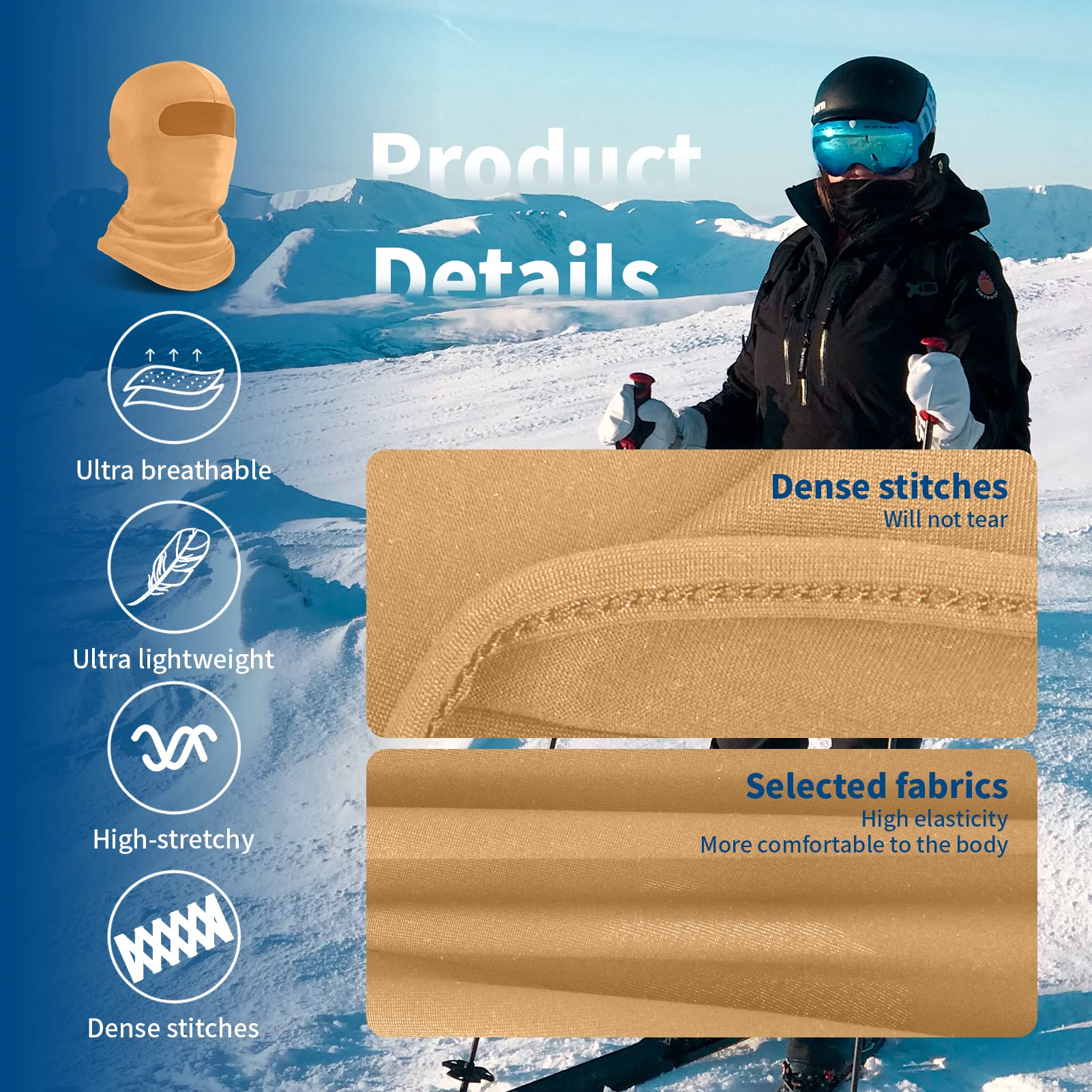 YESLIFE Khaki Ski Mask, Balaclava Face Mask for Men & Women - UV & Wind Protection, One Size, Milk Fiber