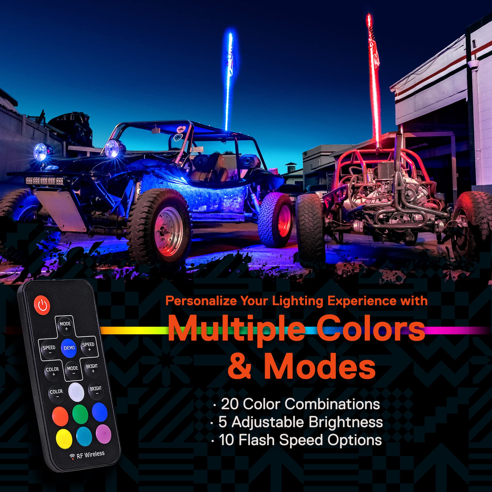 True Mods 2Pc 3Ft Rgb Led Whip Light For Utv Atv [Rf Wireless Remote] Usa Flag Waterproof Led Lighted Whip Cb Antenna Pole Stick