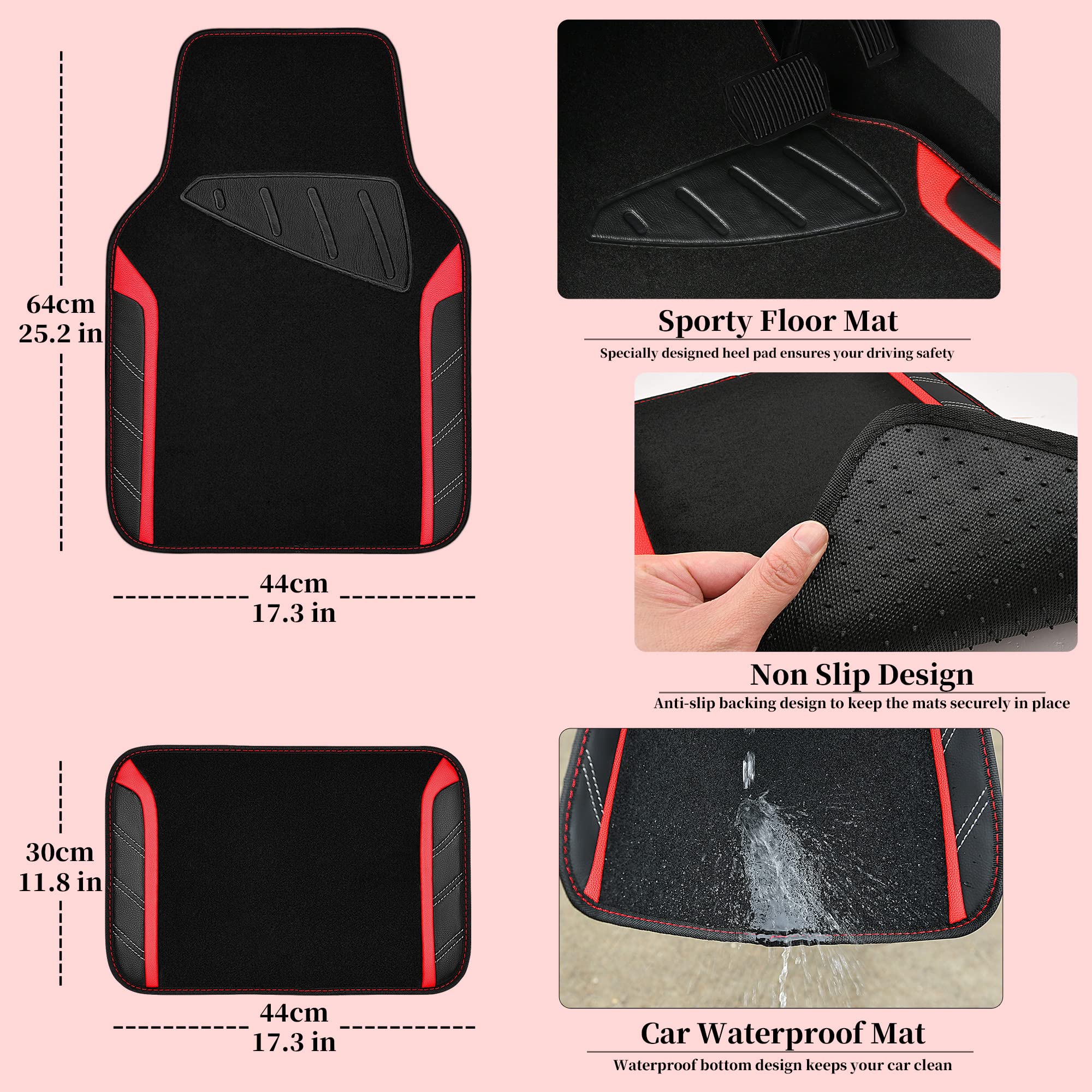 CAR PASS Air Mesh Leather Car Seat Covers & Floor Mats, Waterproof, Universal Fit, Black and Red, Model FX067+JD067+121L2-RDZJ