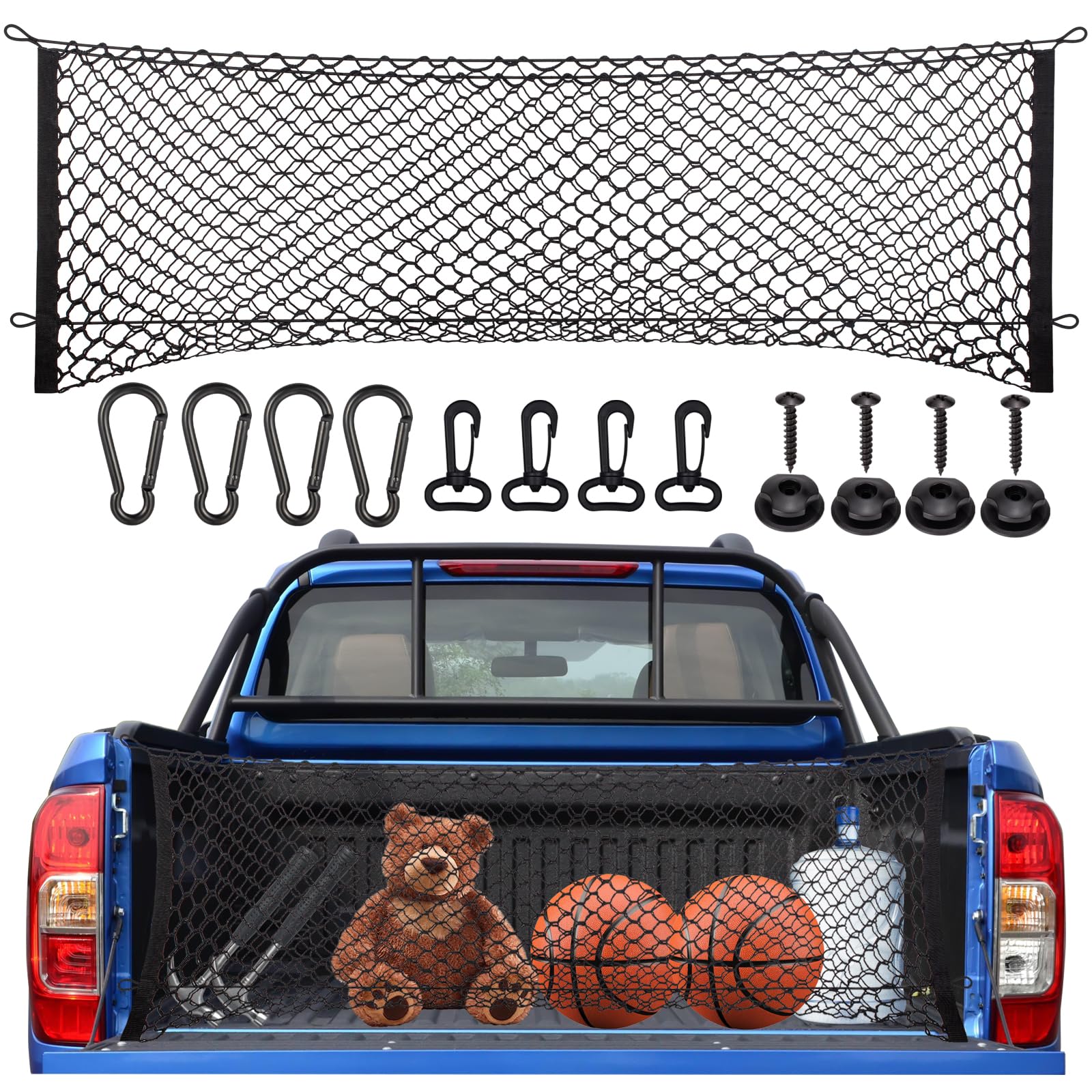 Cargo Net for Pickup Truck Bed & Tailgate | Heavy-Duty Elastic Truck Bed Organizer with Accessories | Universal Fit for Silverad