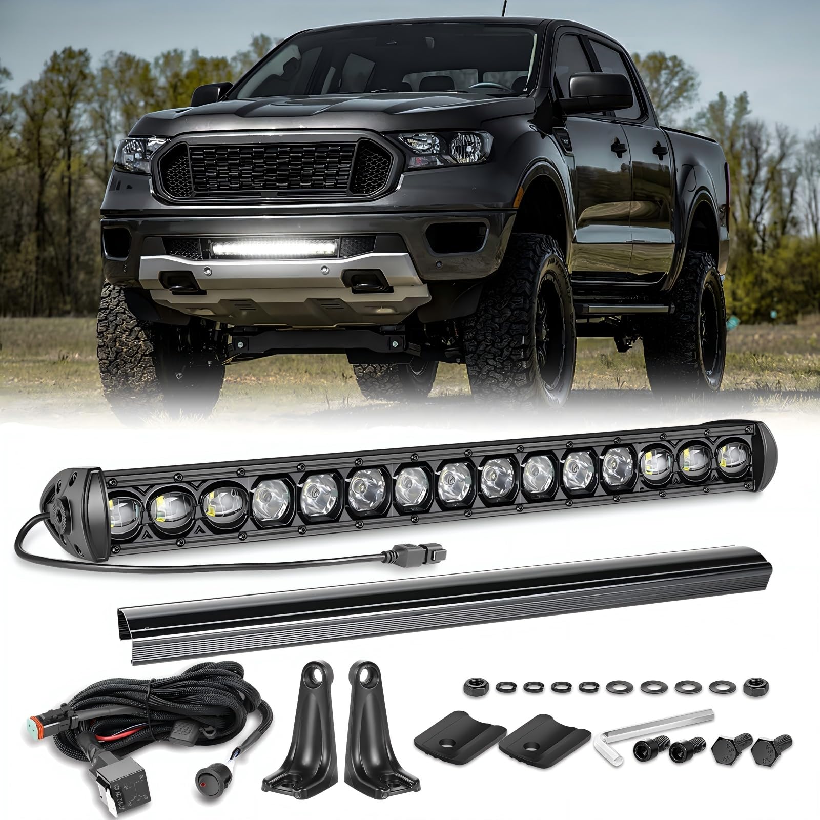 20 Inch Light Bar Single Row 20 Slim LED Light Bar w/Wiring Harness Black Cover Spot Flood Offroad Lights Bumper Mounts for F150