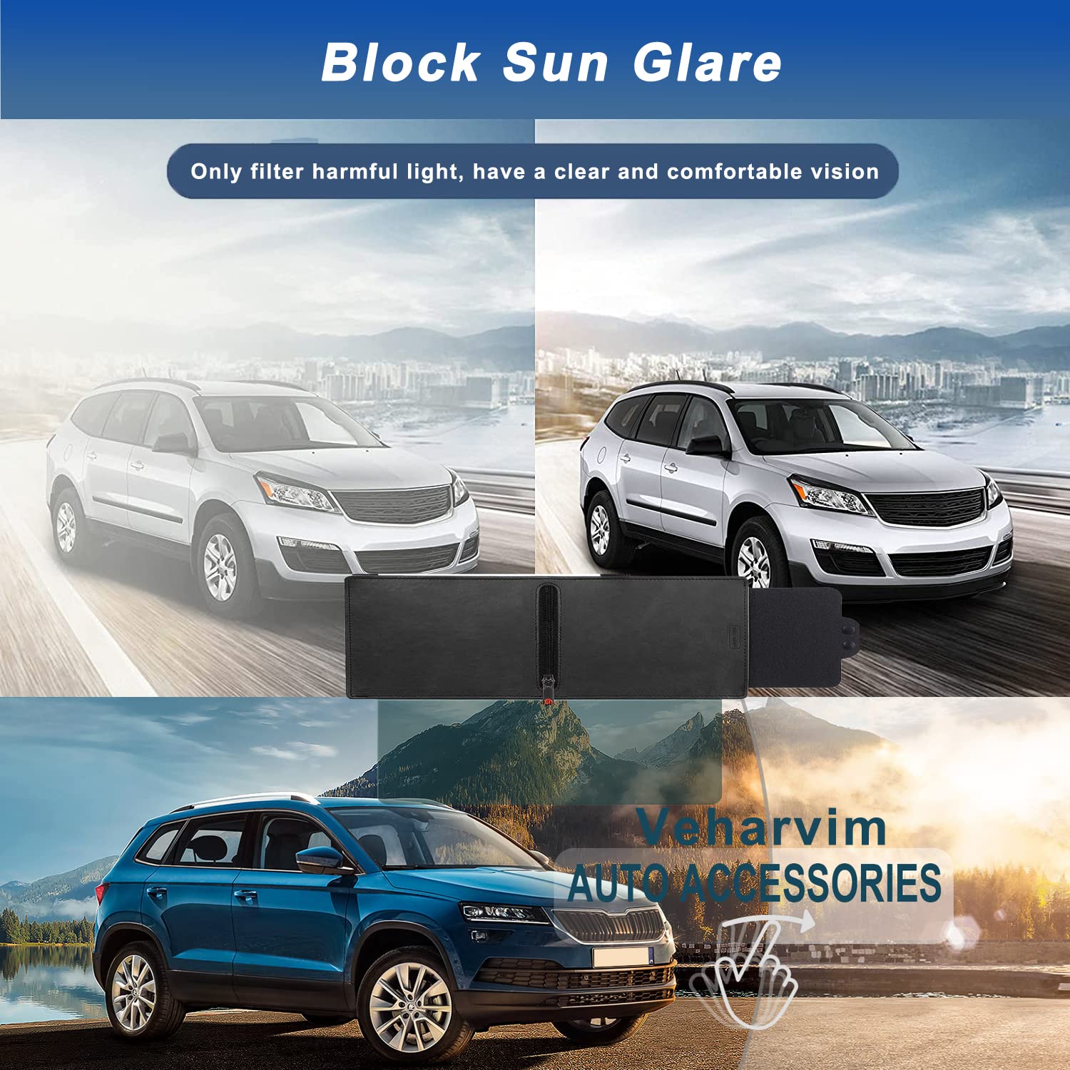 Veharvim Polarized Car Sun Visor Extension, UV400 Protection, Transparent, Model VH-SV04D, Universal Size, Anti-Glare, Zipper Slider