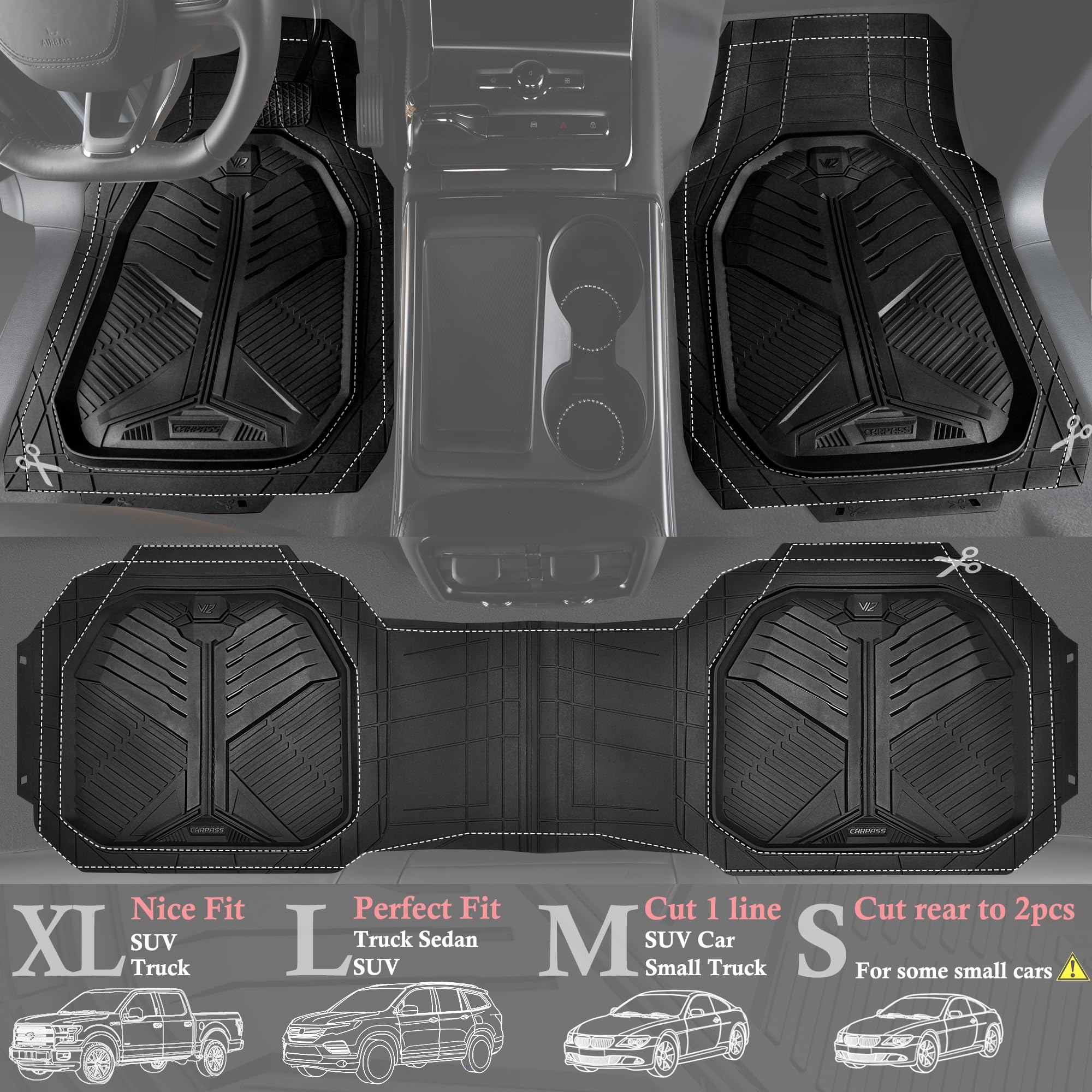 Car Pass Heavy Duty Rubber Car Mats, Deep-Dish Odorless Car Floor Mats All Weather, Universal Trim-To-Fit For Suvs Trucks Sedans