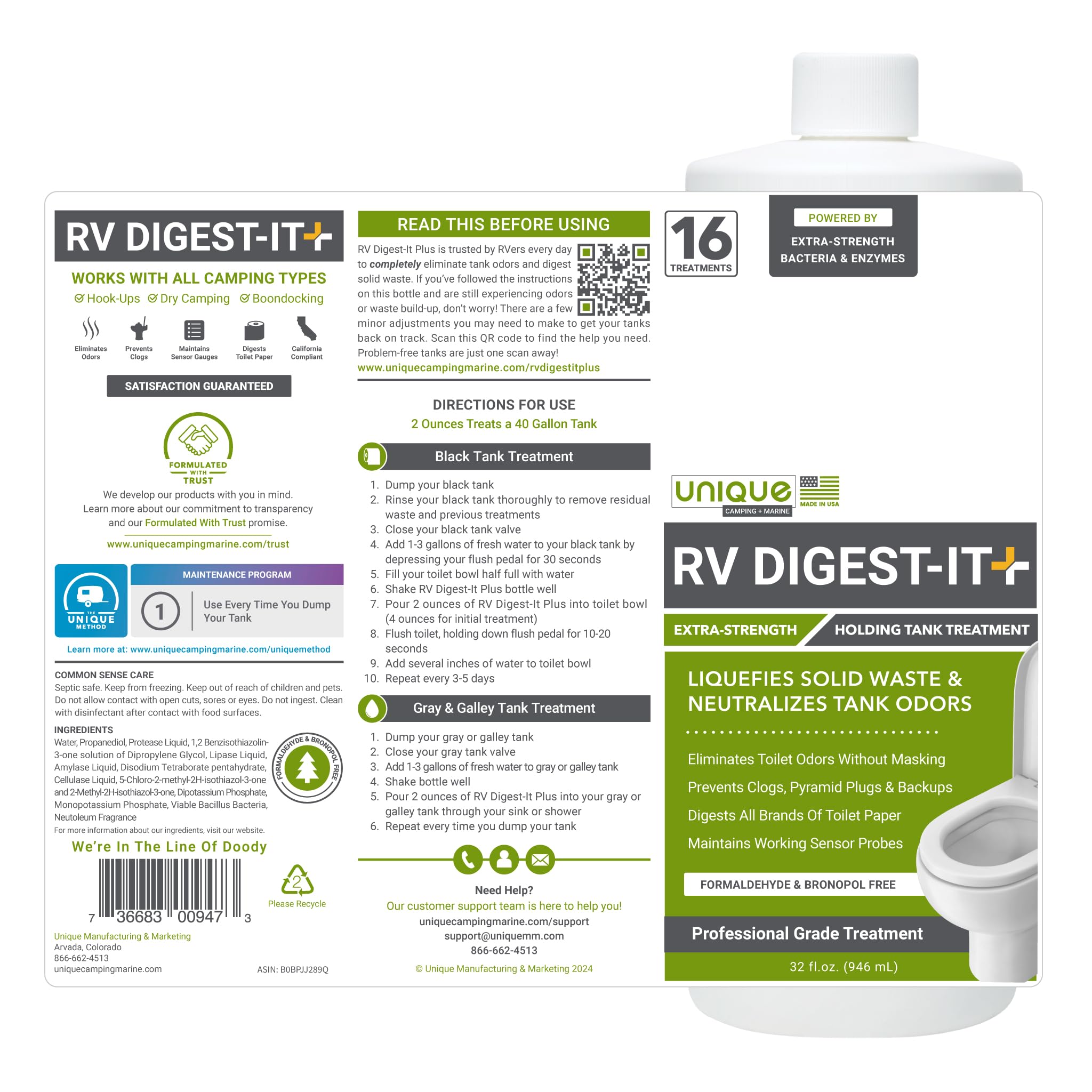 Unique Rv Digest-It+, Extra-Strength Black Tank Treatment - Liquifies Waste And All Brands Of Toilet Paper - Odor Eliminator (32