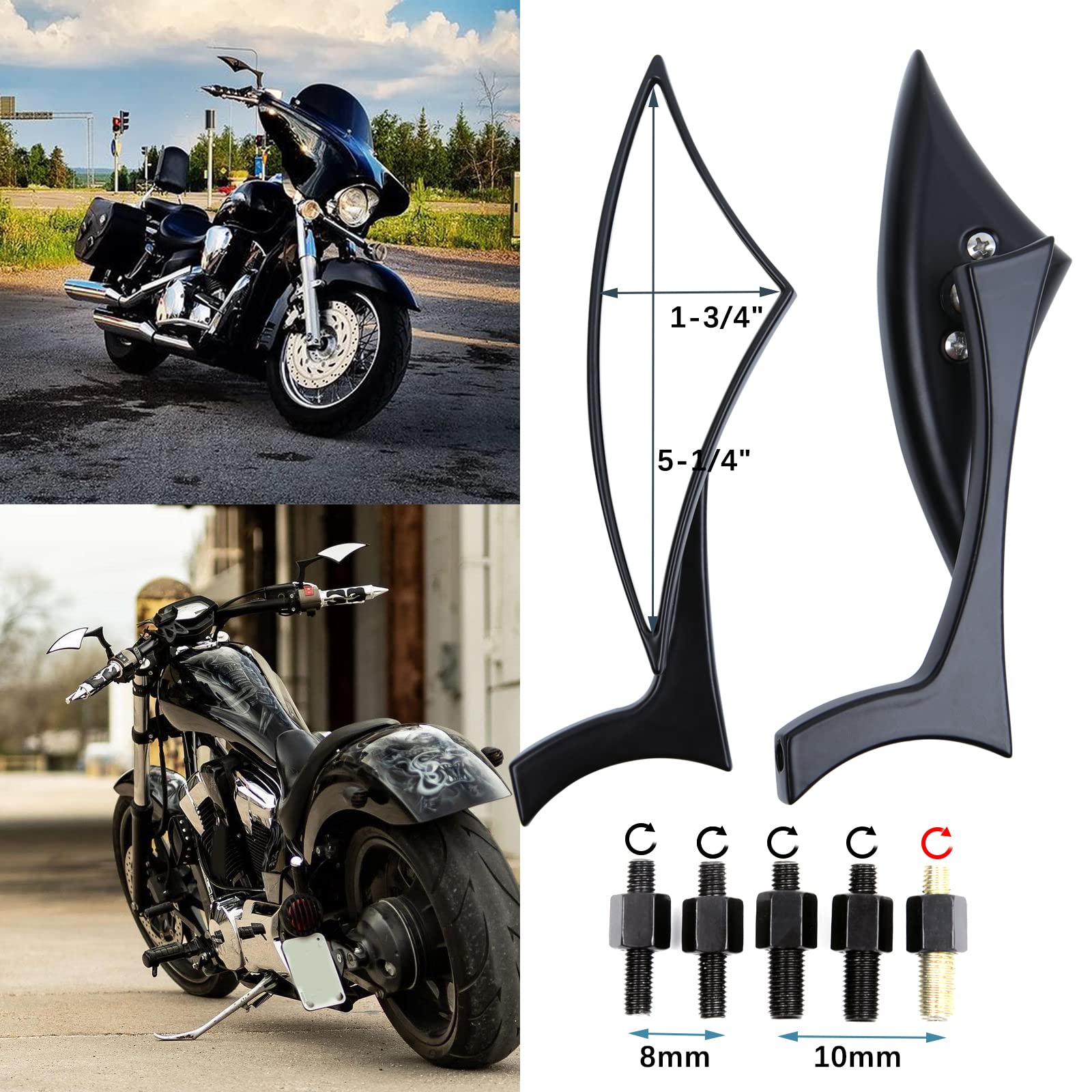 Rich Choices Black 8mm/10mm Motorcycle Side Mirrors - Glass Rear View for Cruiser, Chopper, Sportster, Softail, Street Bike, Scooter, Dirt Bike