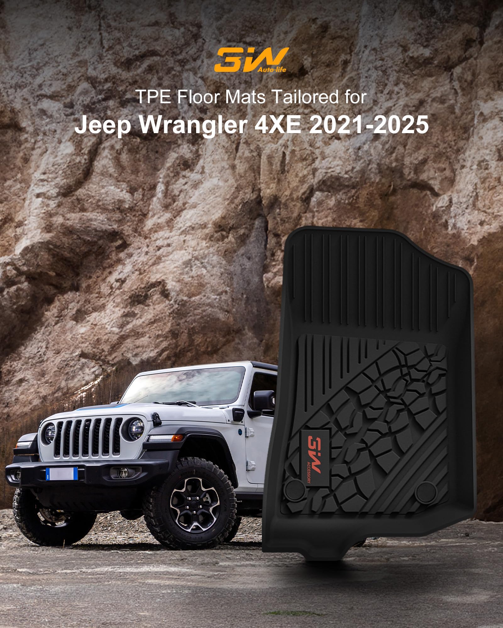 3W All-Weather TPE Floor Mats for Jeep Wrangler 4XE 2021-2026, Black, 1st & 2nd Row, Full Set, Red Logo, Model