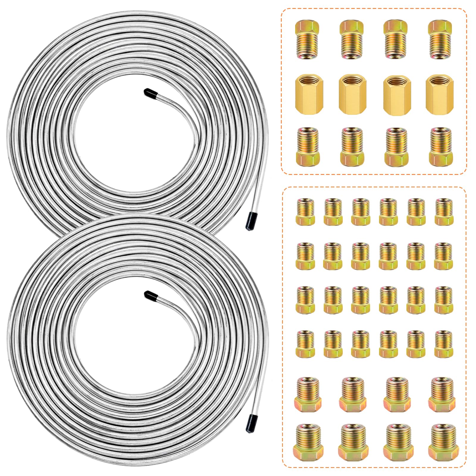 smseace 2Sets 25Ft. 1/4 '' Brake Line Tubing Kit with Brake Line Fittings(Includes 32pcs Fittings and 4pcs Unions+8pcs Nuts) Zin