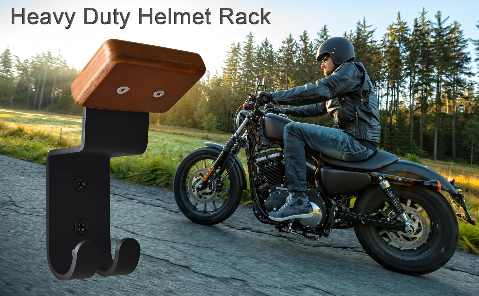 Qktxktzy Helmet Holder Wall Mount - Solid Wood & Steel, 2 Key Hooks, Black Brown, Ideal for Bike & Sports Gear