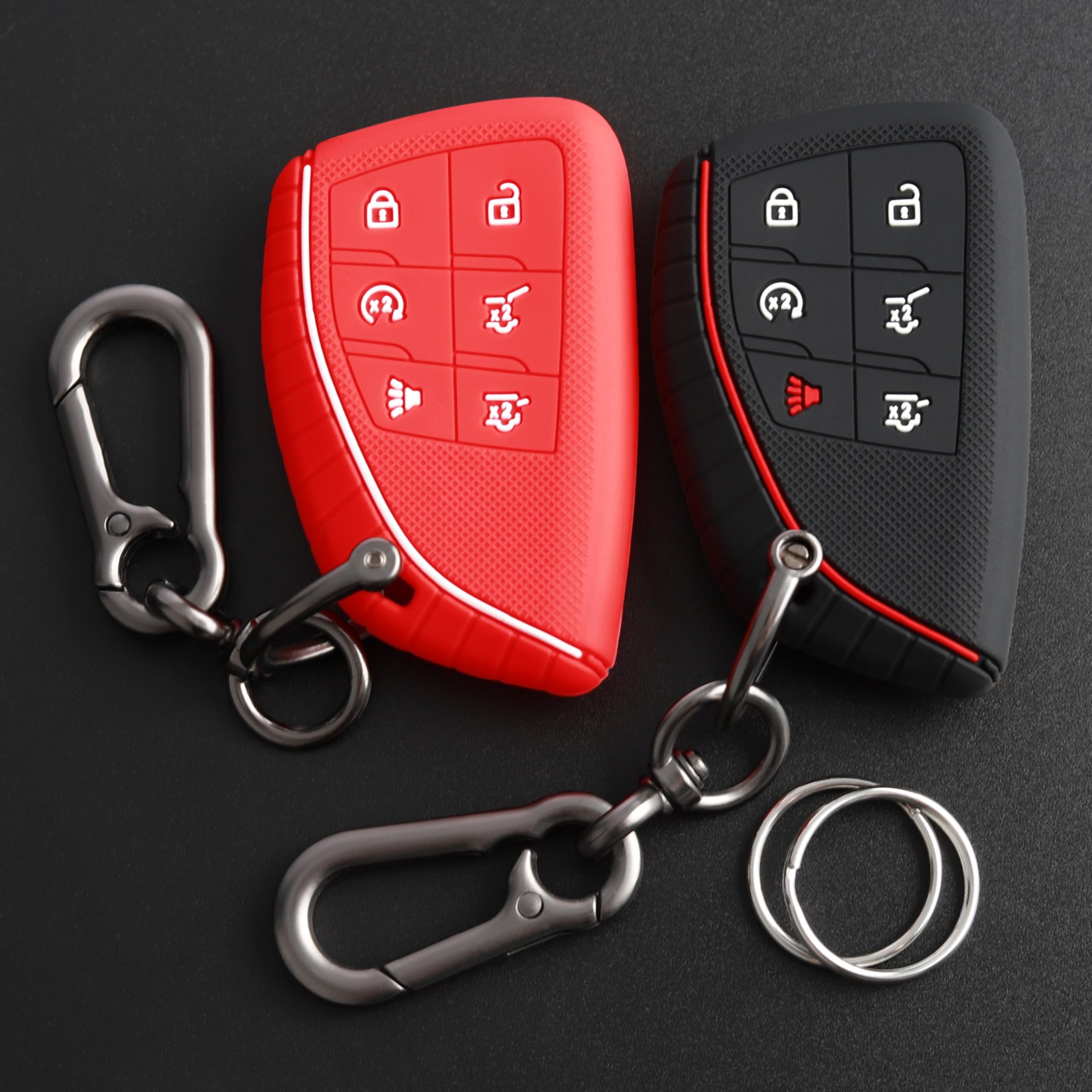 TANDRIVE Key Fob Cover for 2026 2025-2021 Chevy Tahoe Suburban GMC Yukon, 6 Button, Silicone, 2-Pack, Black and Red