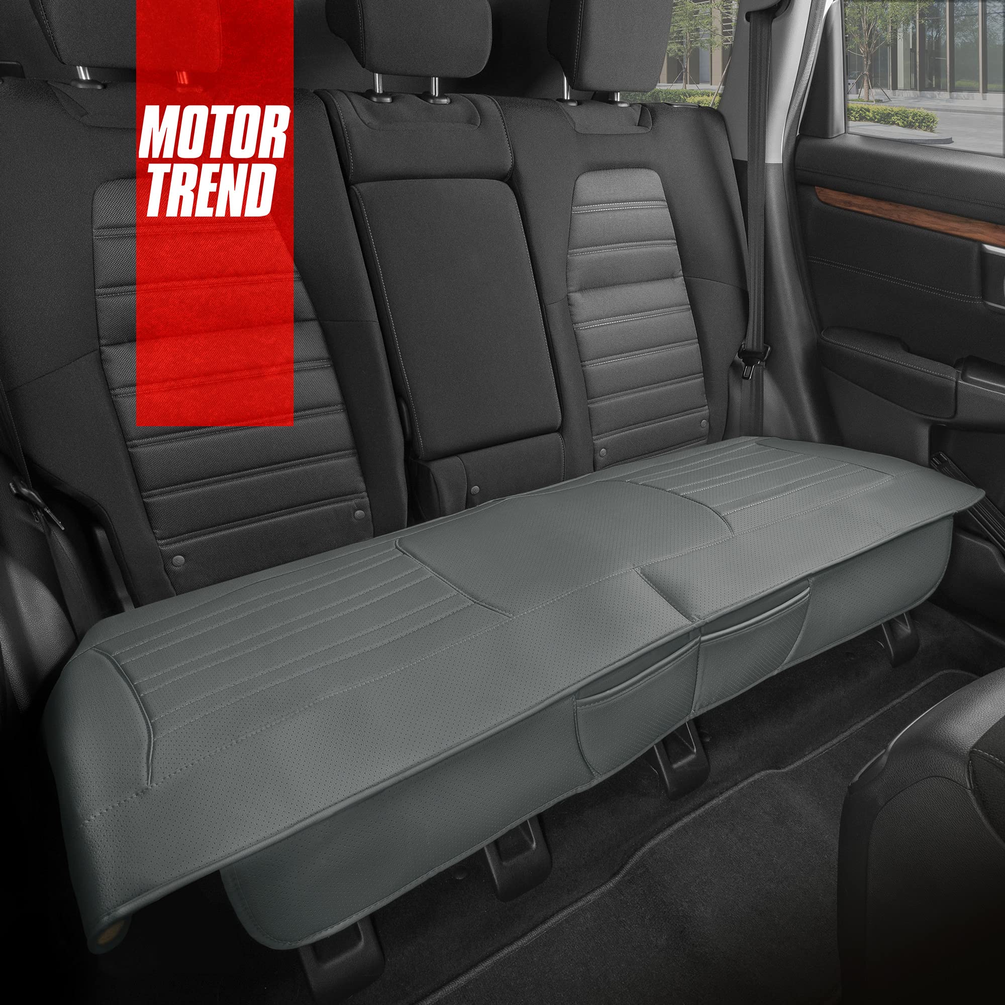 Motor Trend Seat Cover For Cars Trucks Suv, Faux Leather Rear Bench Gray Padded Car Seat Cover With Storage Pockets, Premium Int