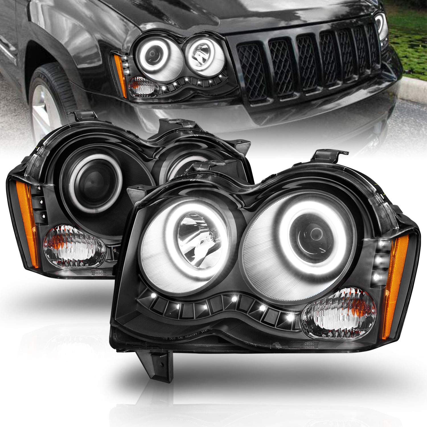 Amerilite Black Projector Replacement Headlights Xtreme Led Halo Bar Set For 2008-2010 Jeep Grand Cherokee - Passenger And Driver Side