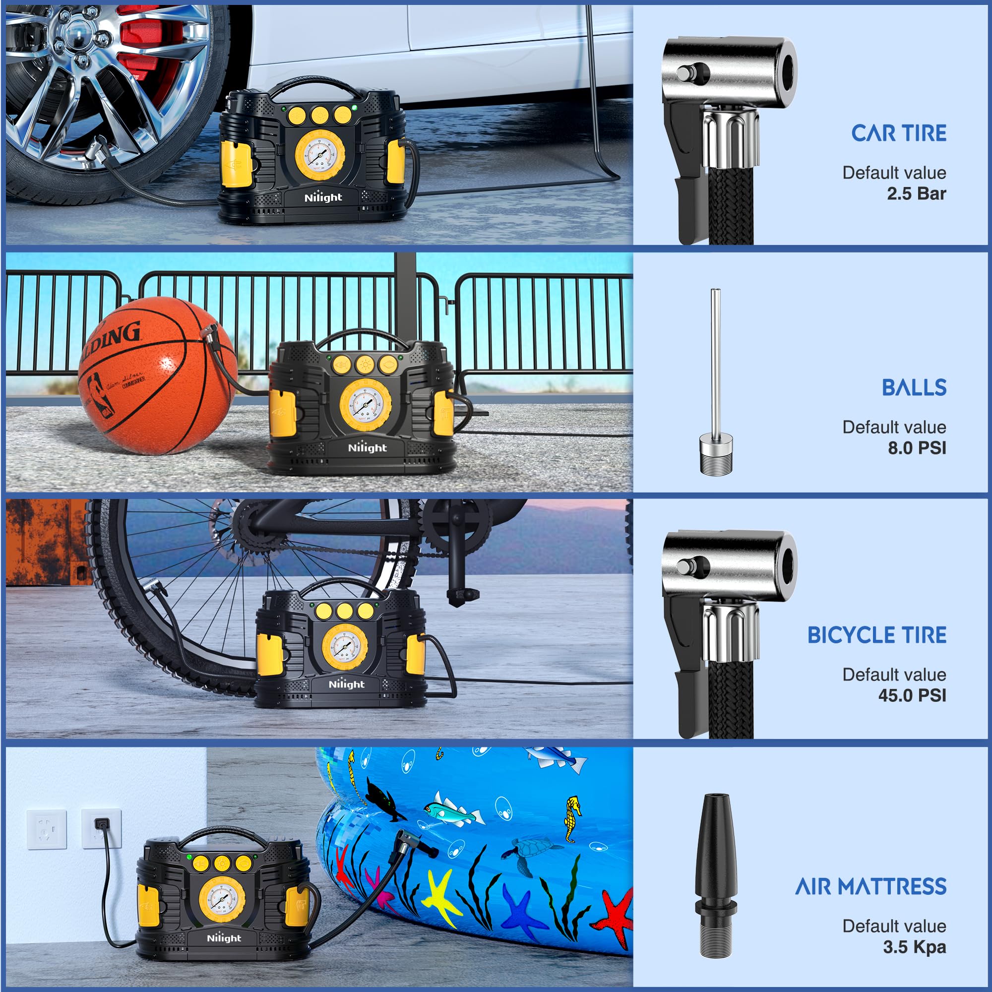 Nilight Tire Inflator Portable Air Compressor Dual Power For Car 12V Dc Home 110V Ac Tire Pump W/Analog Pressure Gauge Fast Infl
