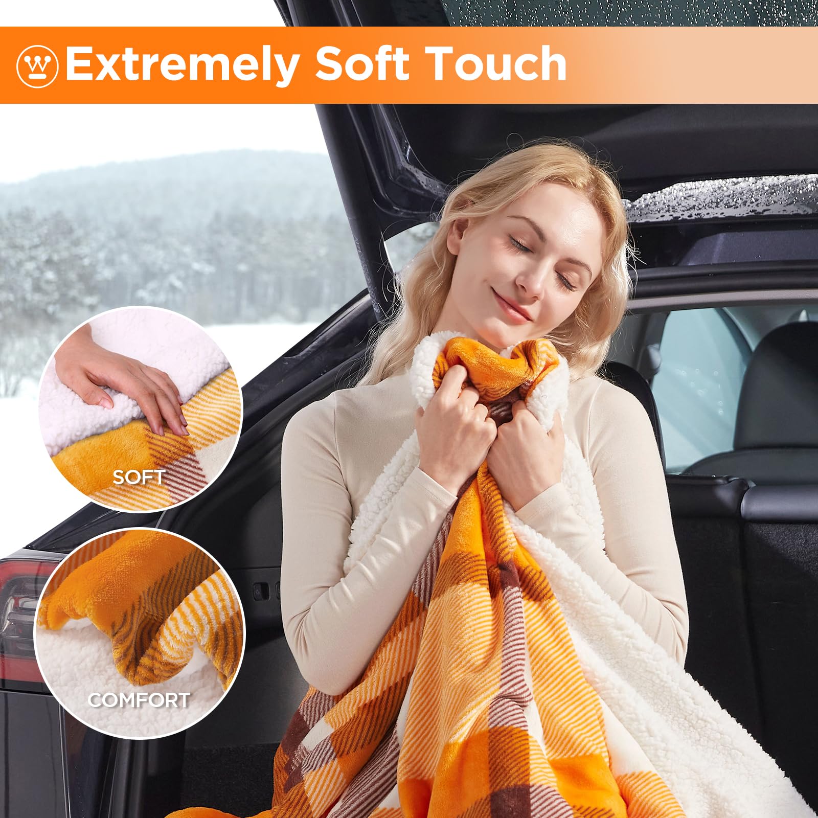 Westinghouse Heated Car Blanket, 12-Volt Electric Blanket for Car, Truck, SUV, RV, Portable Heated Throw for Camping, Orange Buf
