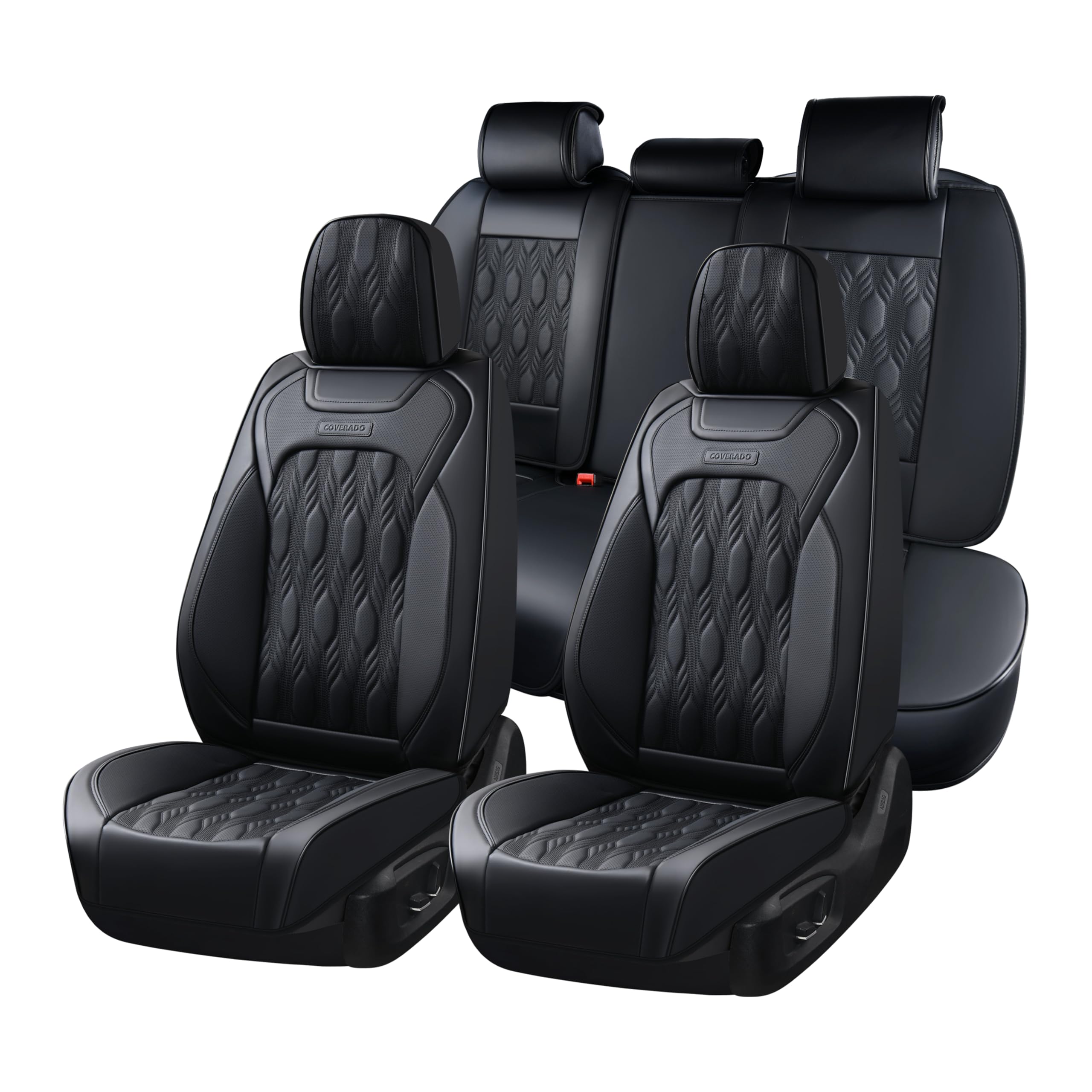 Coverado Car Seat Cover, Black Luxury Seat Cover For Cars, Premium Nappa Leather Seat Covers Full Set With Embossed Pattern, Wat
