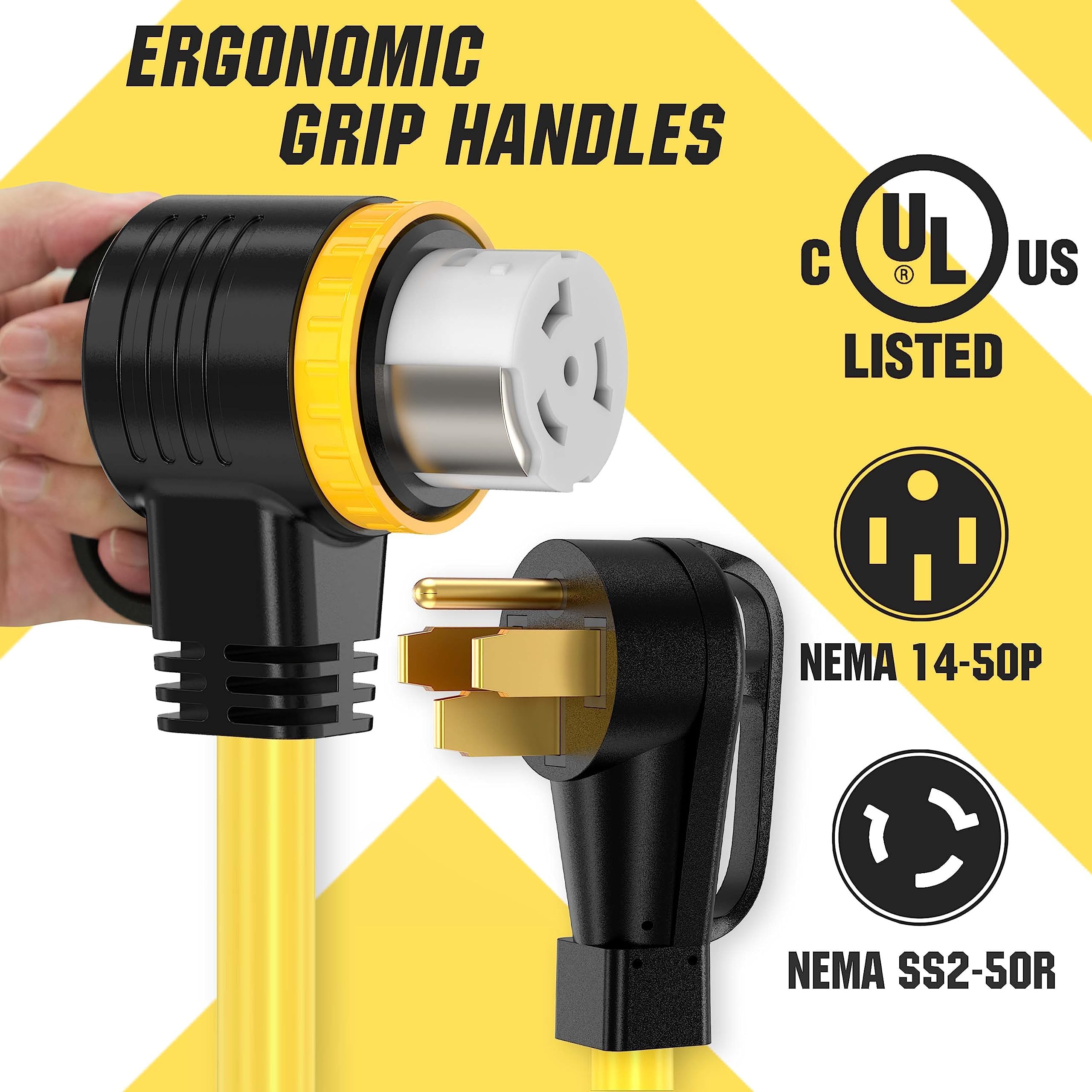 YOMILINK 20FT 50 Amp RV/Generator Cord, UL Listed, Locking Connector, NEMA 14-50P to SS2-50R, Yellow, 90°