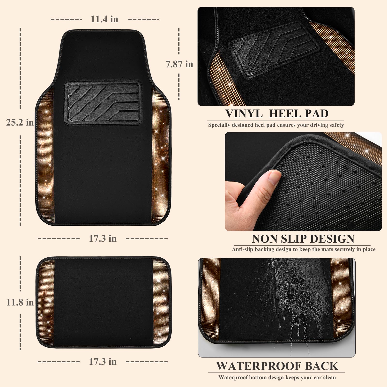 CAR PASS Bling Diamond Car Floor Mats, Golden Rhinestone Waterproof PVC, Universal Fit for SUV, Sedan, Van, 4pcs