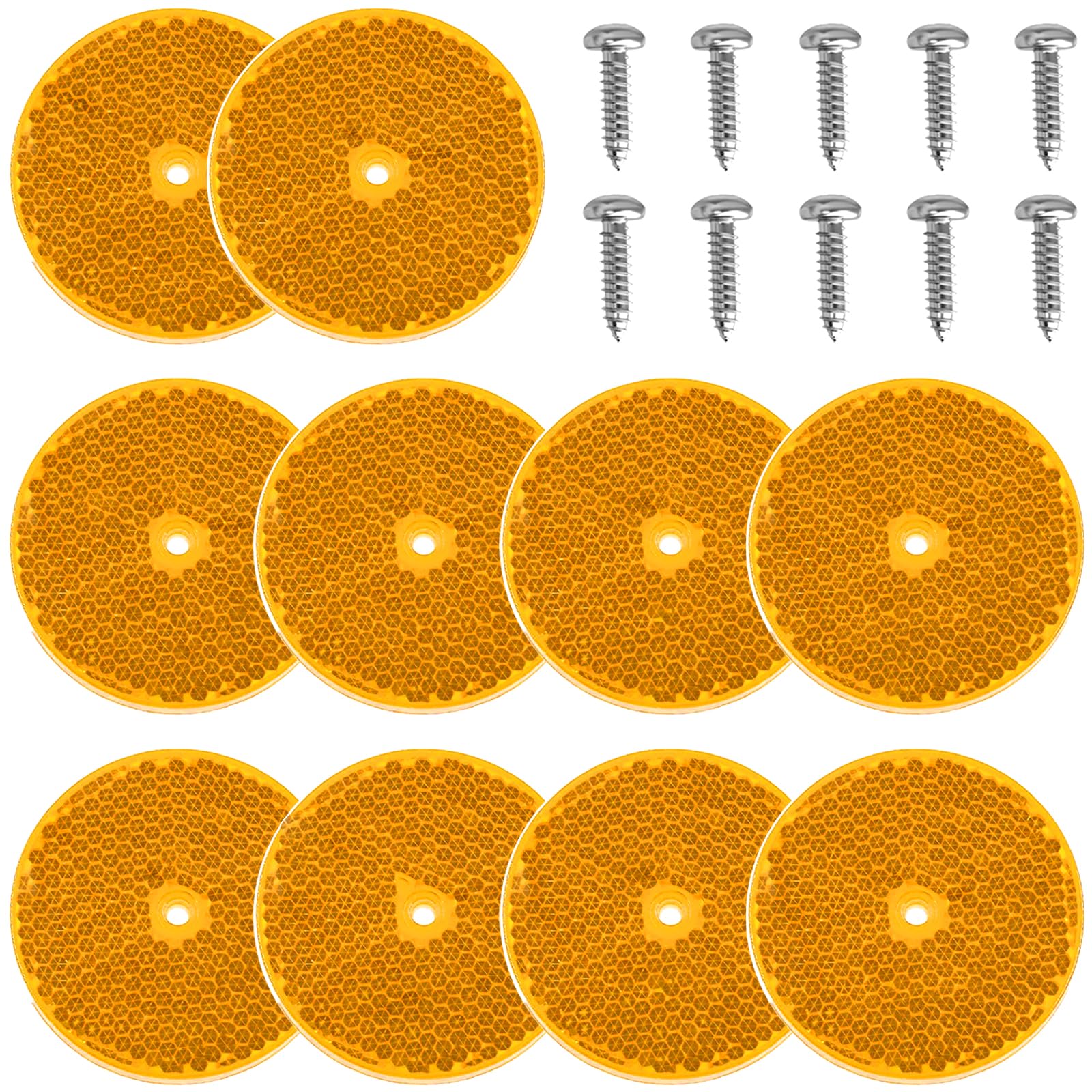 smseace 10Pack Yellow Round Reflectors with 10pcs Stainless Steel Screw Used for Mailboxes,Driveway,Tunnels,Post,Cars,Trailer Re
