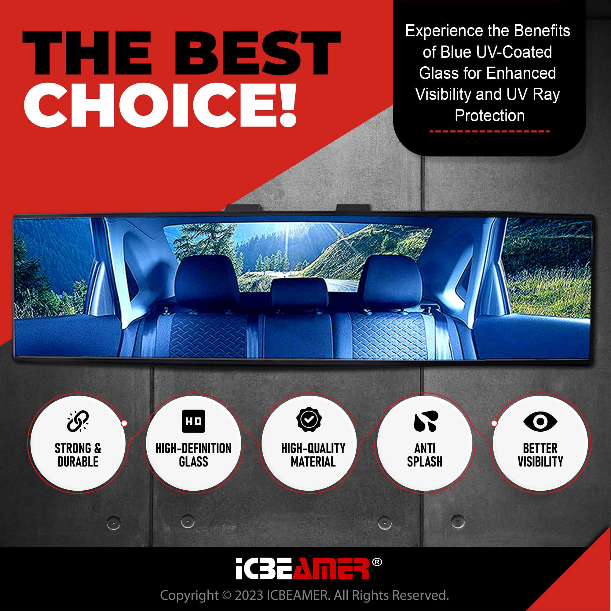 Icbeamer 11.8'' Car Rear View Mirror, Blue Tint Flat Surface, 300Mm Panoramic Accessories, Wide Angle Blindspot For Car, Rubber