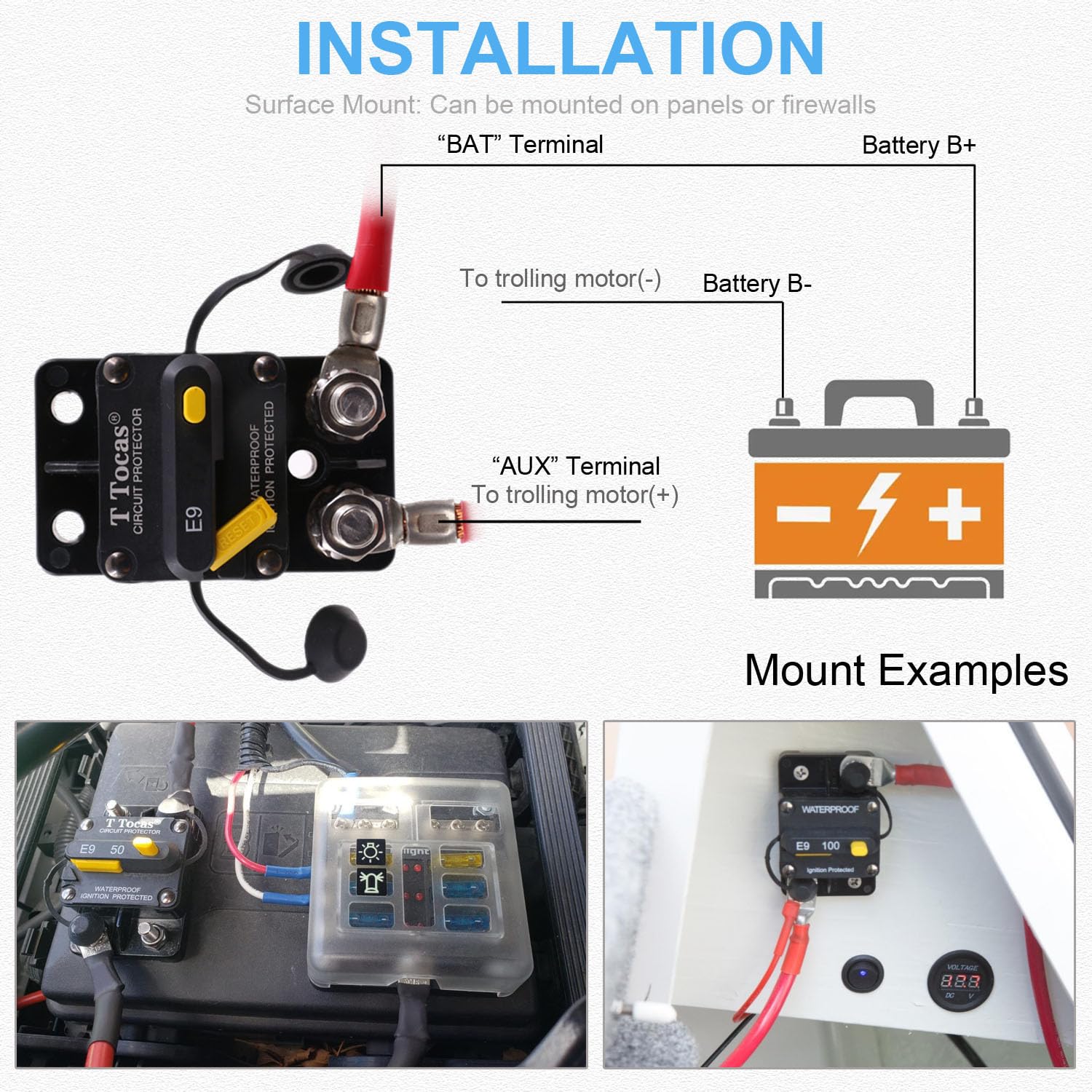 T Tocas 250A Circuit Breaker for Car Audio & Marine, Waterproof 12V-48V DC, 3/8" Studs, Manual Reset
