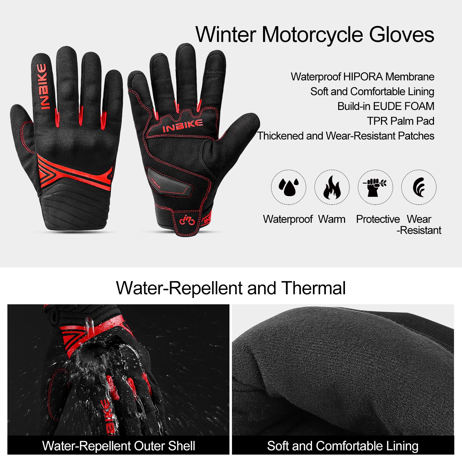 Inbike Waterproof Winter Motorcycle Gloves Thermal Fleece Touchscreen With Tpr Palm Pad Cushioning Hard Knuckle Red Large